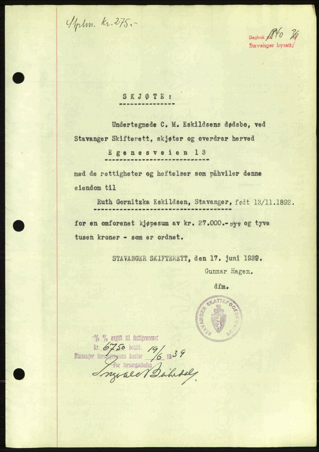 Stavanger byrett, SAST/A-100455/002/G/Gb/L0014: Mortgage book no. A4, 1938-1939, Diary no: : 1840/1939