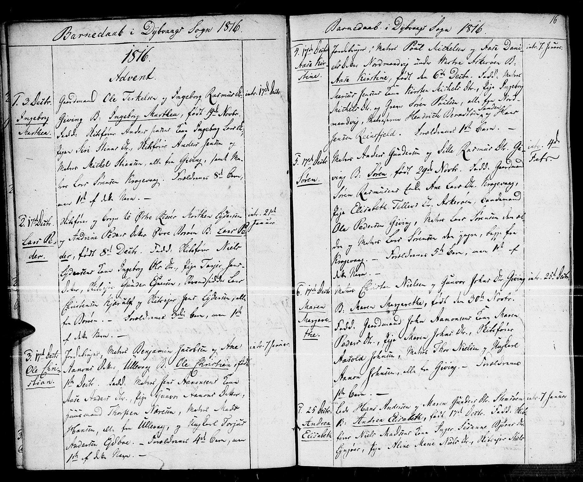 Dypvåg sokneprestkontor, SAK/1111-0007/F/Fa/Faa/L0002: Parish register (official) no. A 2/ 1, 1813-1824, p. 16