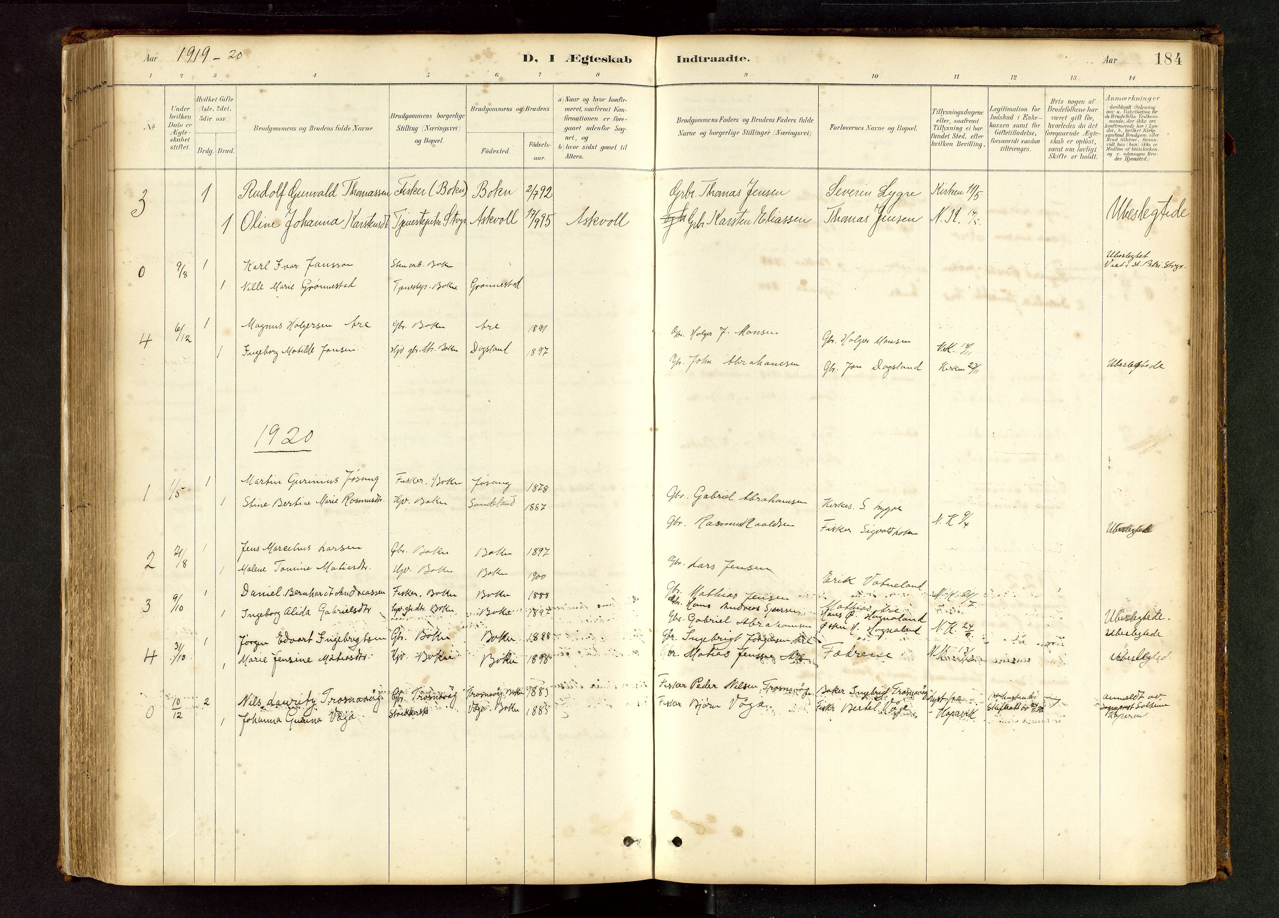 Tysvær sokneprestkontor, AV/SAST-A -101864/H/Ha/Hab/L0005: Parish register (copy) no. B 5, 1887-1947, p. 184