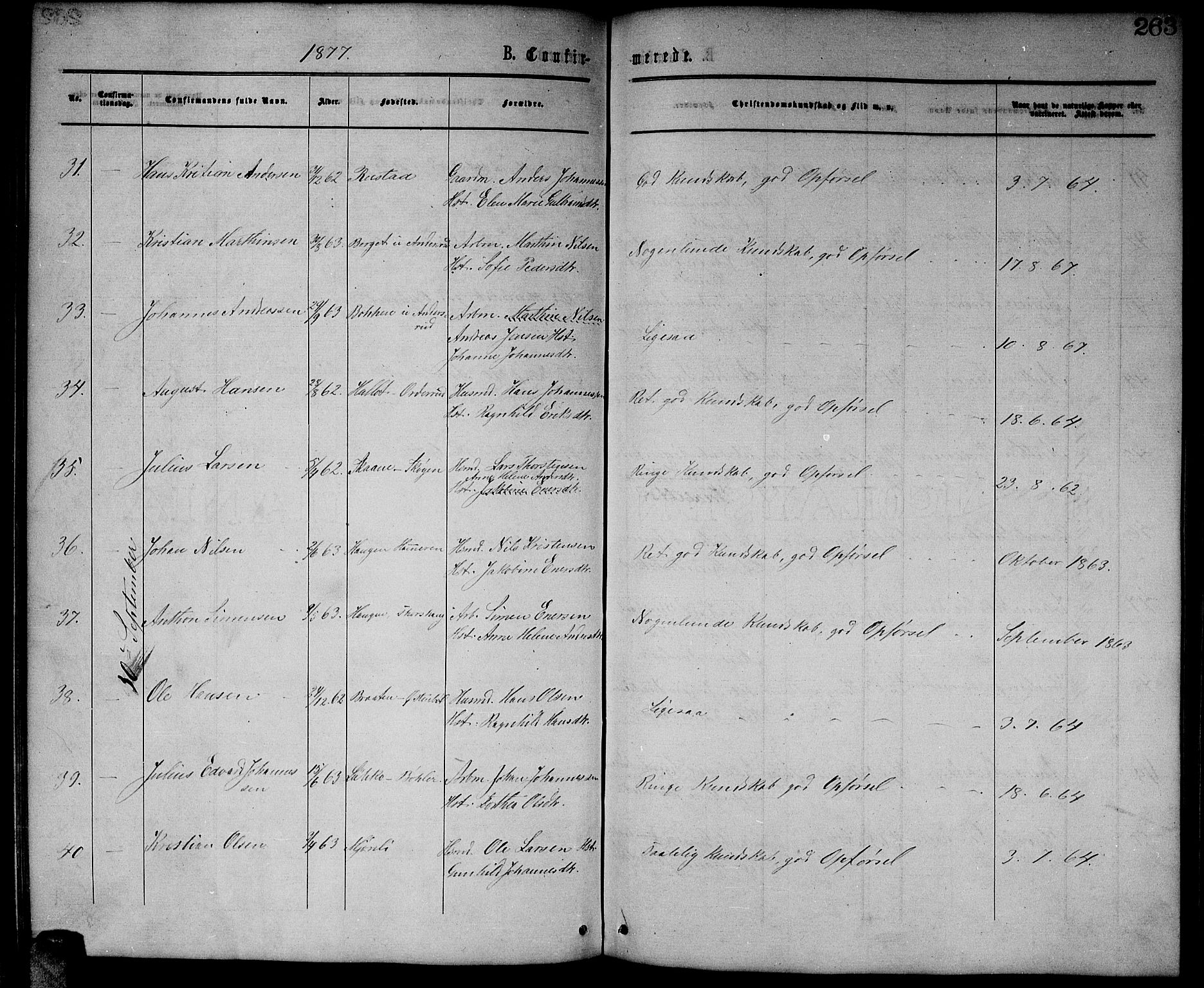 Enebakk prestekontor Kirkebøker, AV/SAO-A-10171c/G/Ga/L0005: Parish register (copy) no. I 5, 1867-1888, p. 263