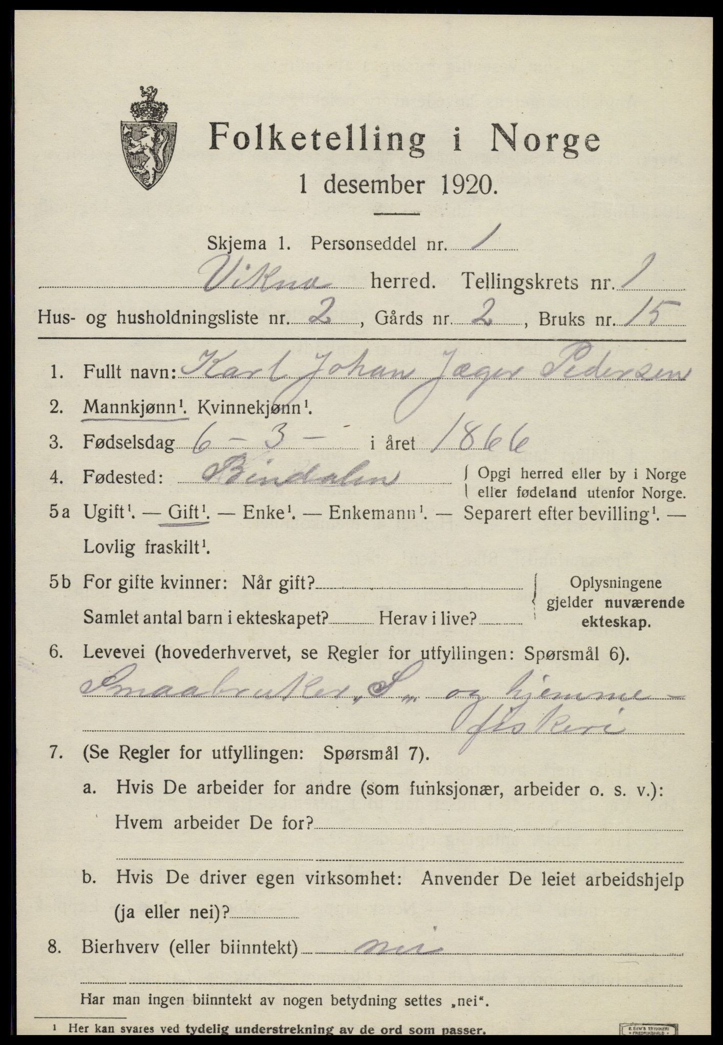 SAT, 1920 census for Vikna, 1920, p. 1159