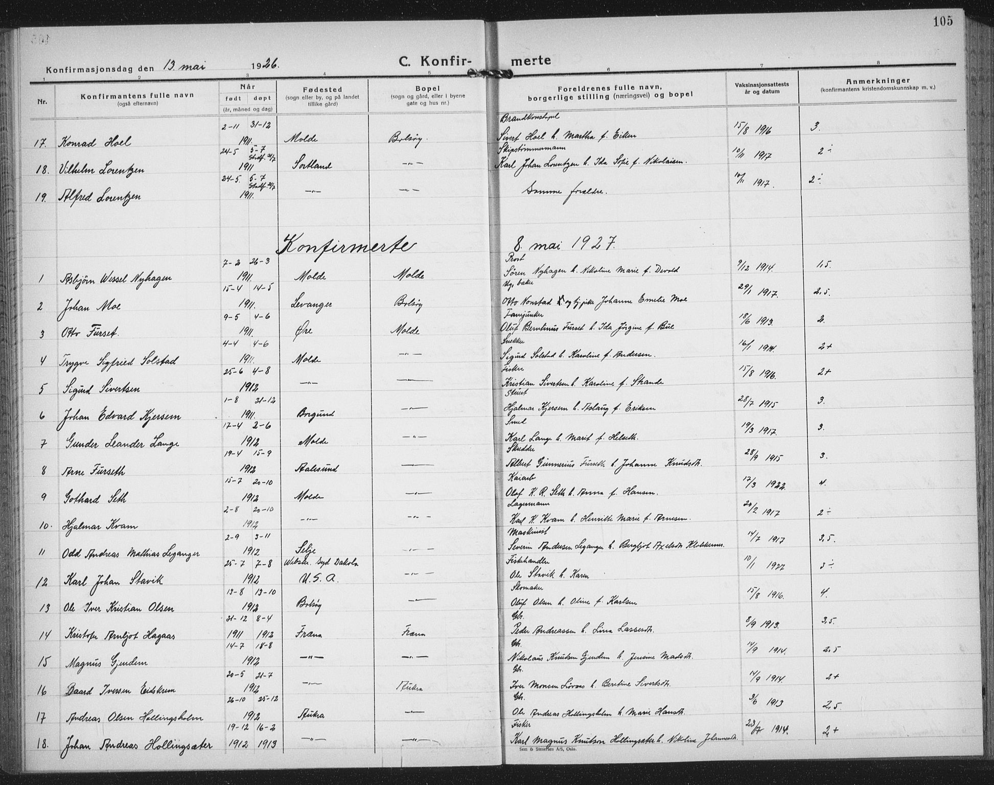 Ministerialprotokoller, klokkerbøker og fødselsregistre - Møre og Romsdal, SAT/A-1454/558/L0704: Parish register (copy) no. 558C05, 1921-1942, p. 105