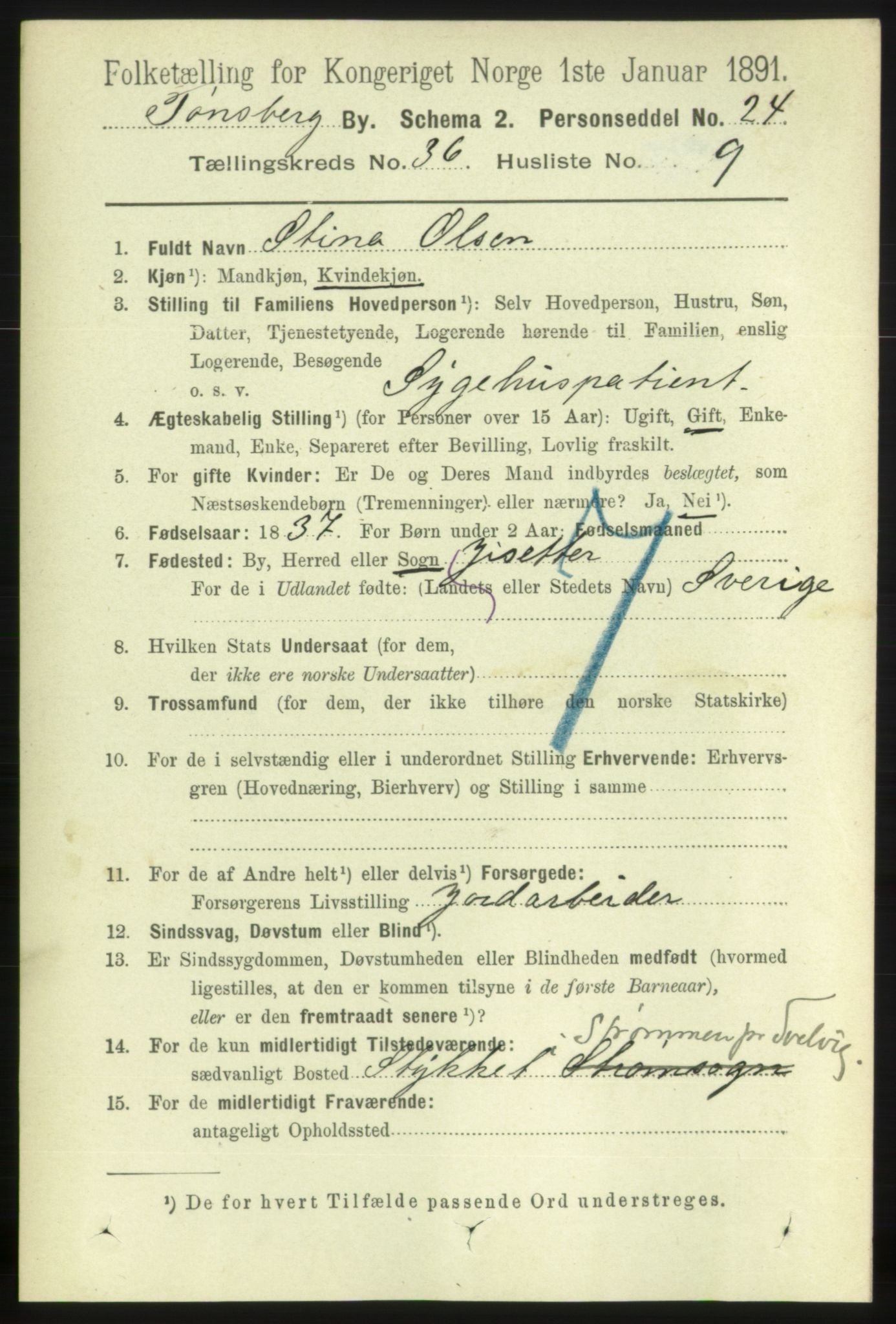 RA, 1891 census for 0705 Tønsberg, 1891, p. 7965