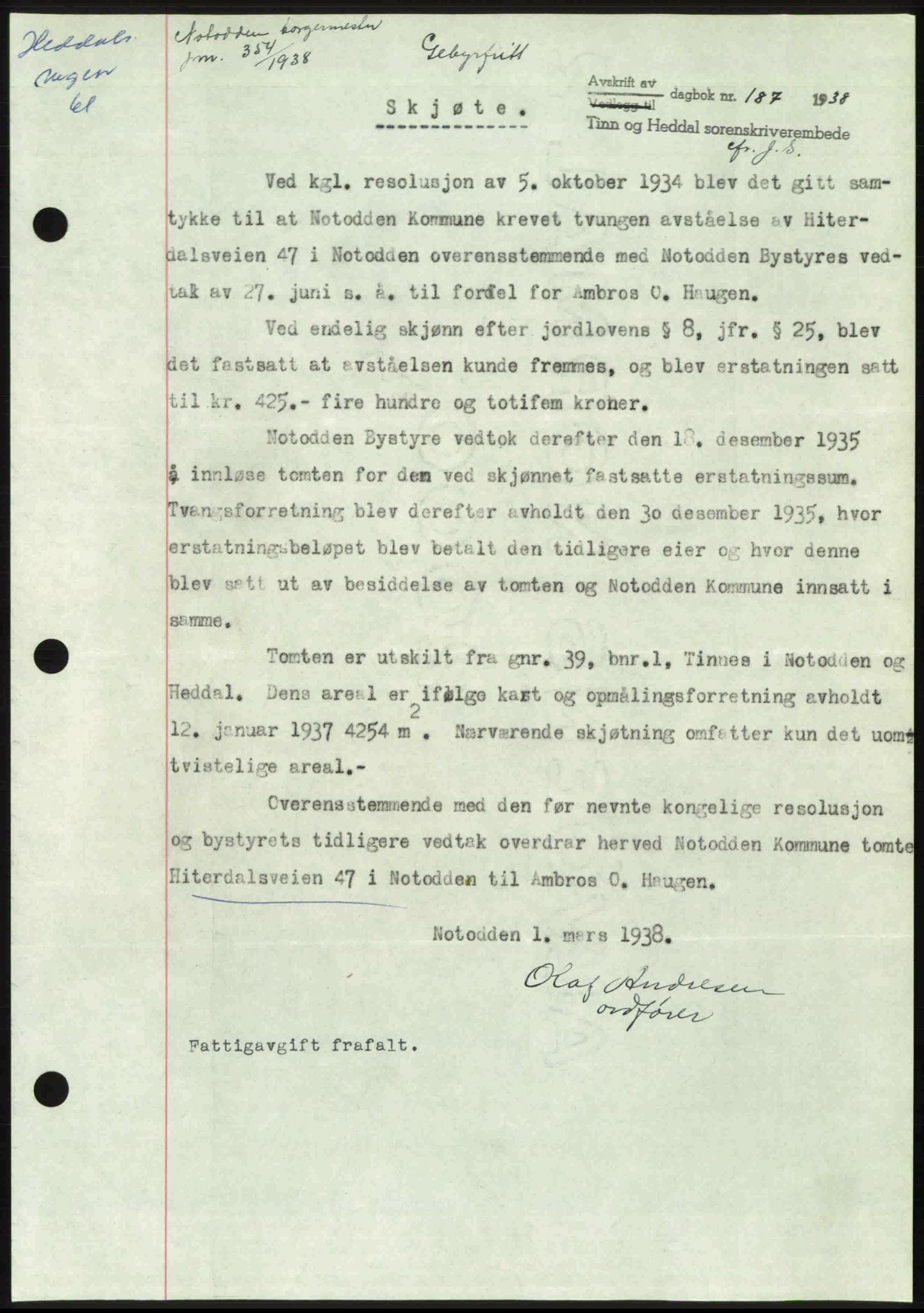 Tinn og Heddal sorenskriveri, AV/SAKO-A-212/G/Ga/L0003: Mortgage book no. 3, 1937-1938, Diary no: : 187/1938