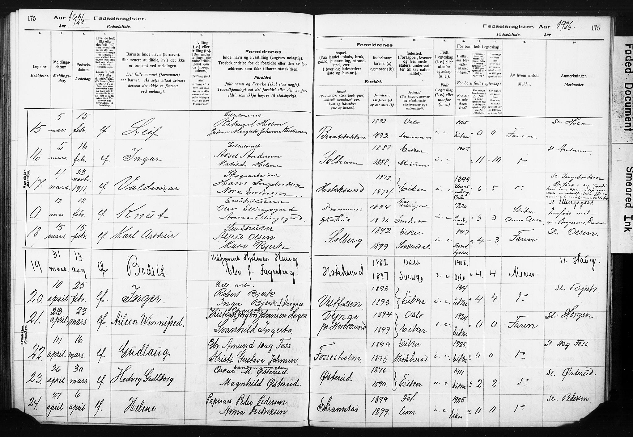 Eiker kirkebøker, AV/SAKO-A-4/J/Ja/L0001: Birth register no. I 1, 1916-1927, p. 175