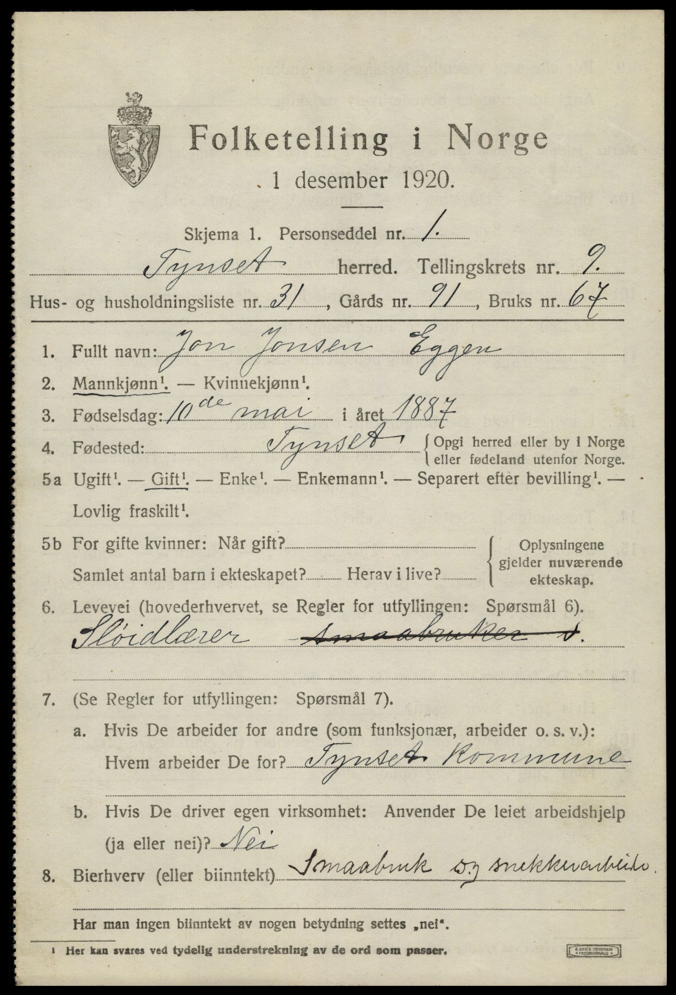 SAH, 1920 census for Tynset, 1920, p. 7504