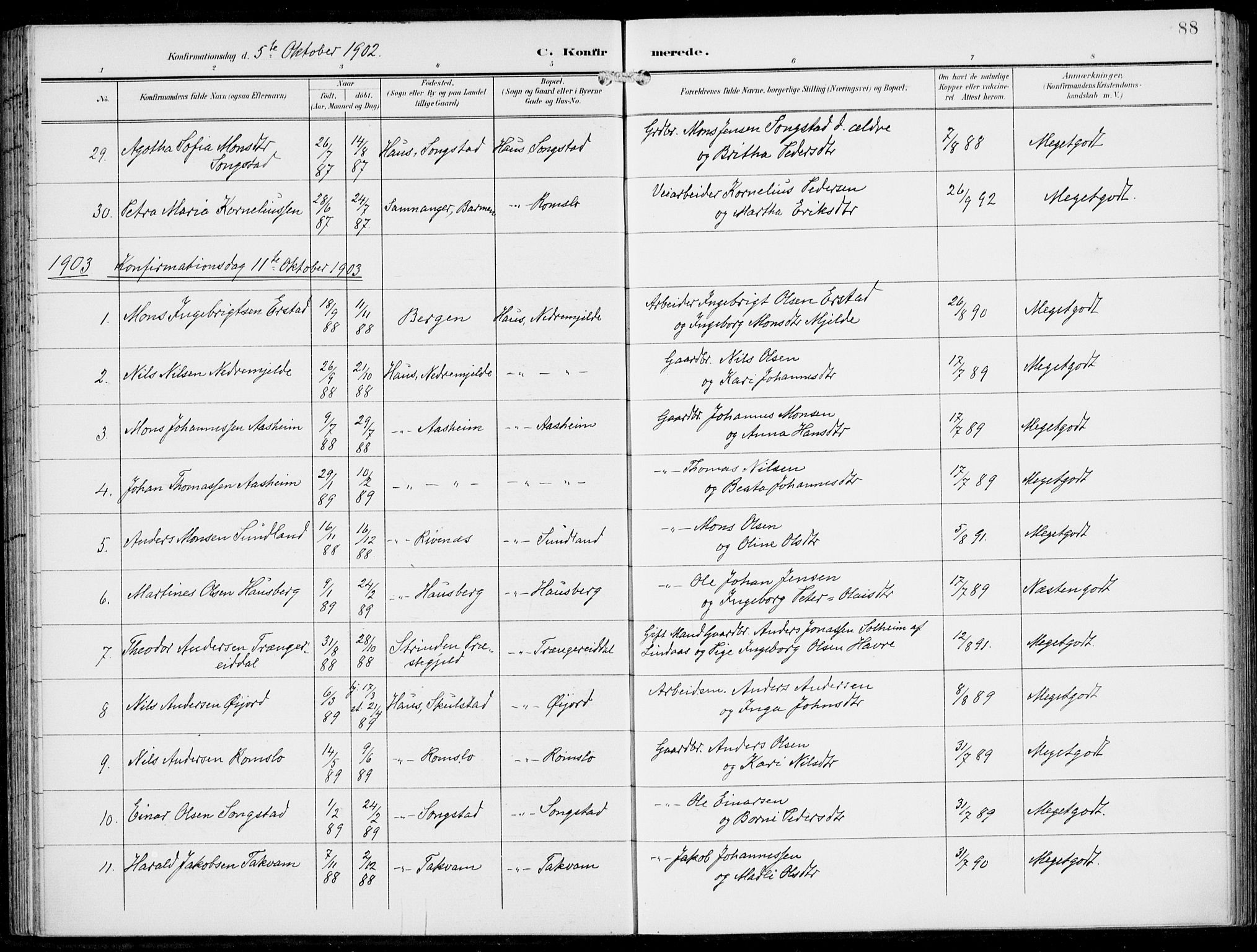 Haus sokneprestembete, SAB/A-75601/H/Haa: Parish register (official) no. B  2, 1899-1912, p. 88