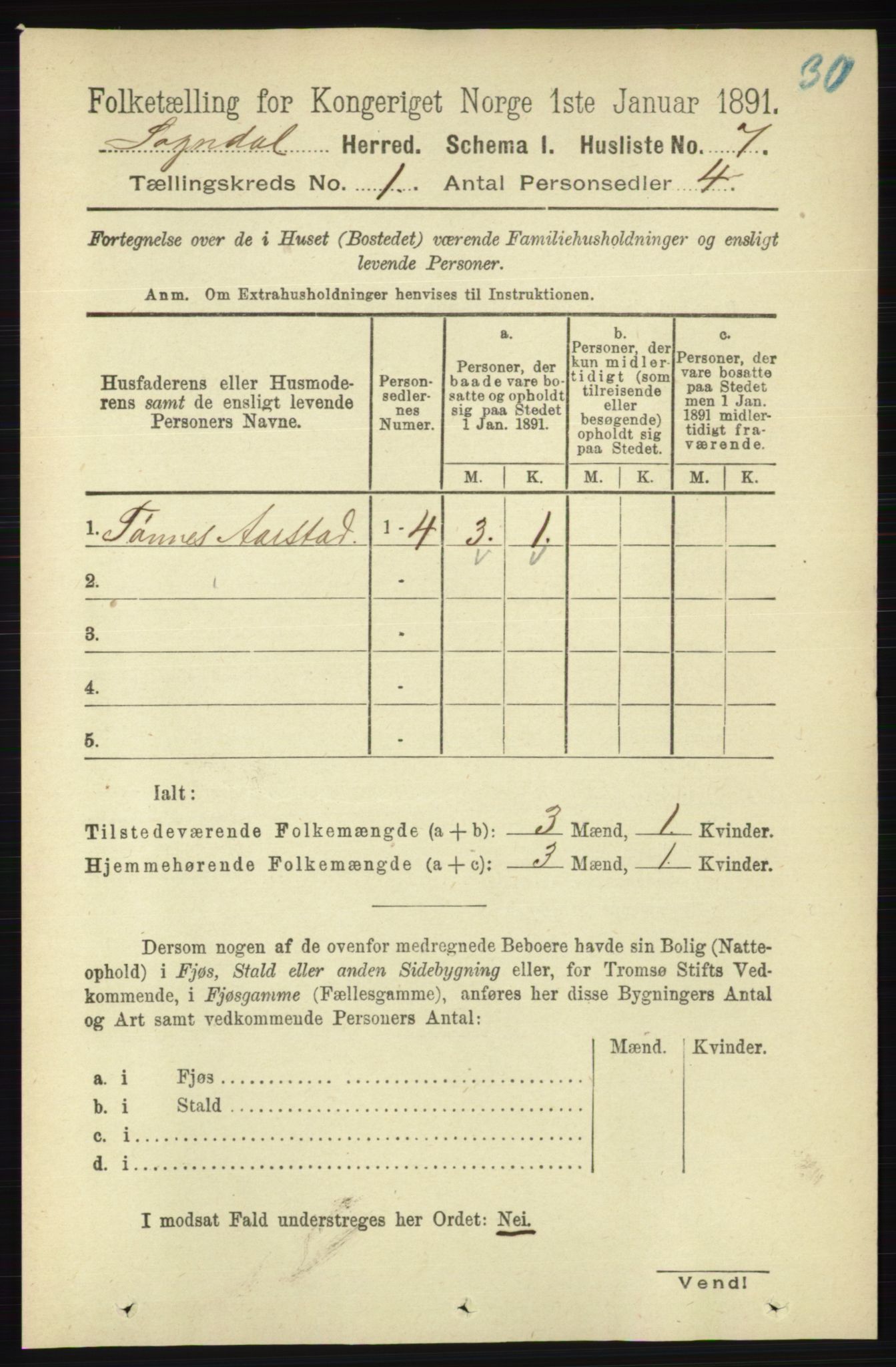 RA, 1891 census for 1111 Sokndal, 1891, p. 30