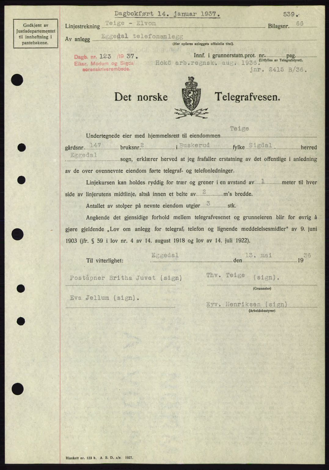 Eiker, Modum og Sigdal sorenskriveri, SAKO/A-123/G/Ga/Gab/L0034: Mortgage book no. A4, 1936-1937, Diary no: : 123/1937