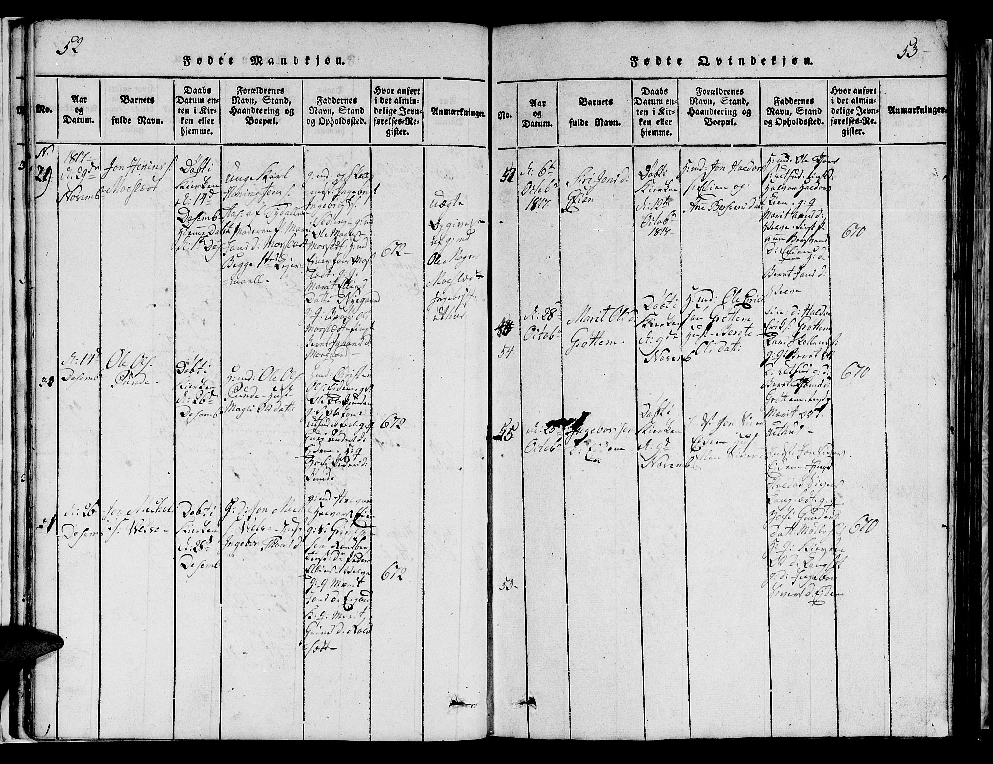 Ministerialprotokoller, klokkerbøker og fødselsregistre - Sør-Trøndelag, SAT/A-1456/695/L1152: Parish register (copy) no. 695C03, 1816-1831, p. 52-53