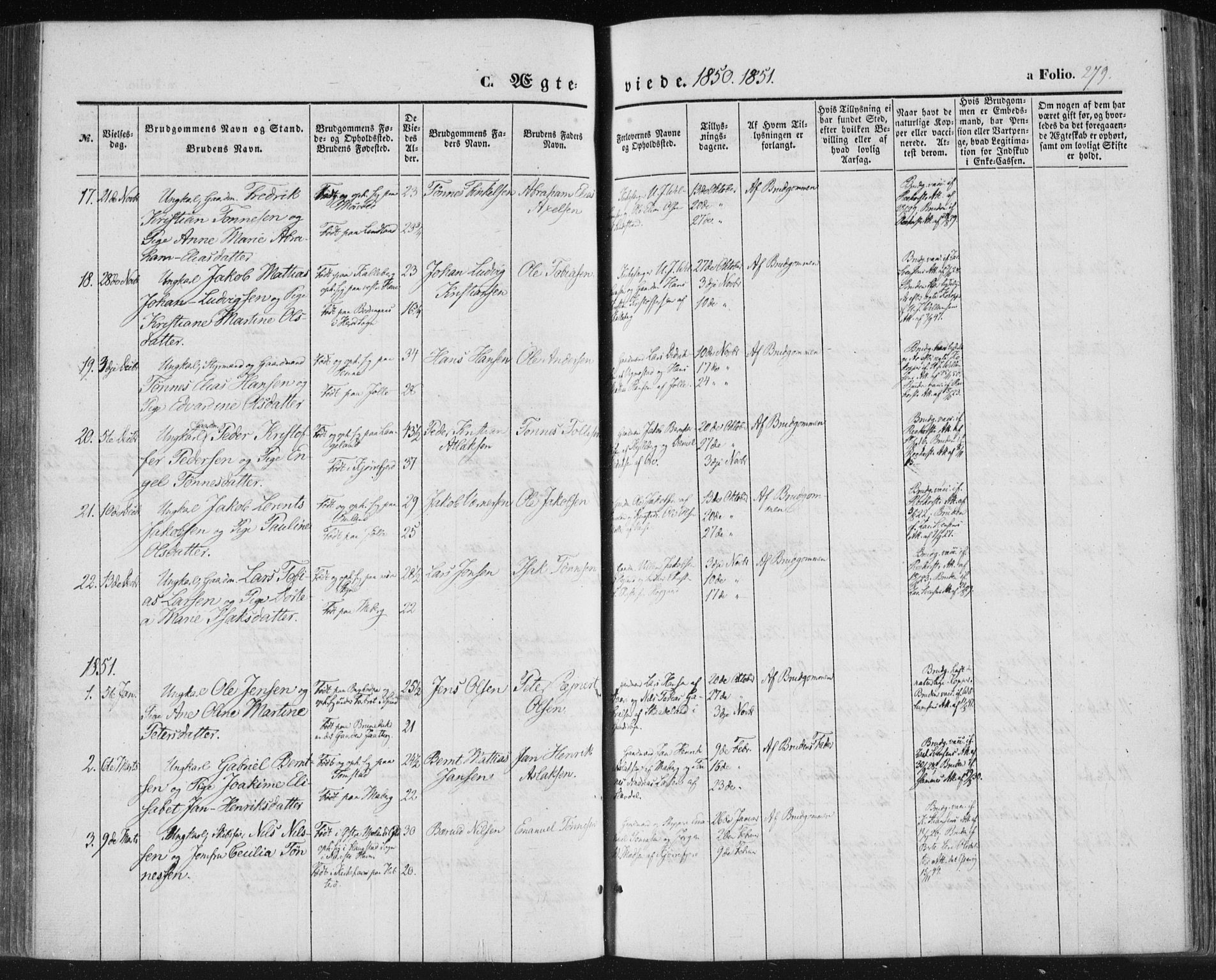 Lista sokneprestkontor, SAK/1111-0027/F/Fa/L0010: Parish register (official) no. A 10, 1846-1861, p. 279