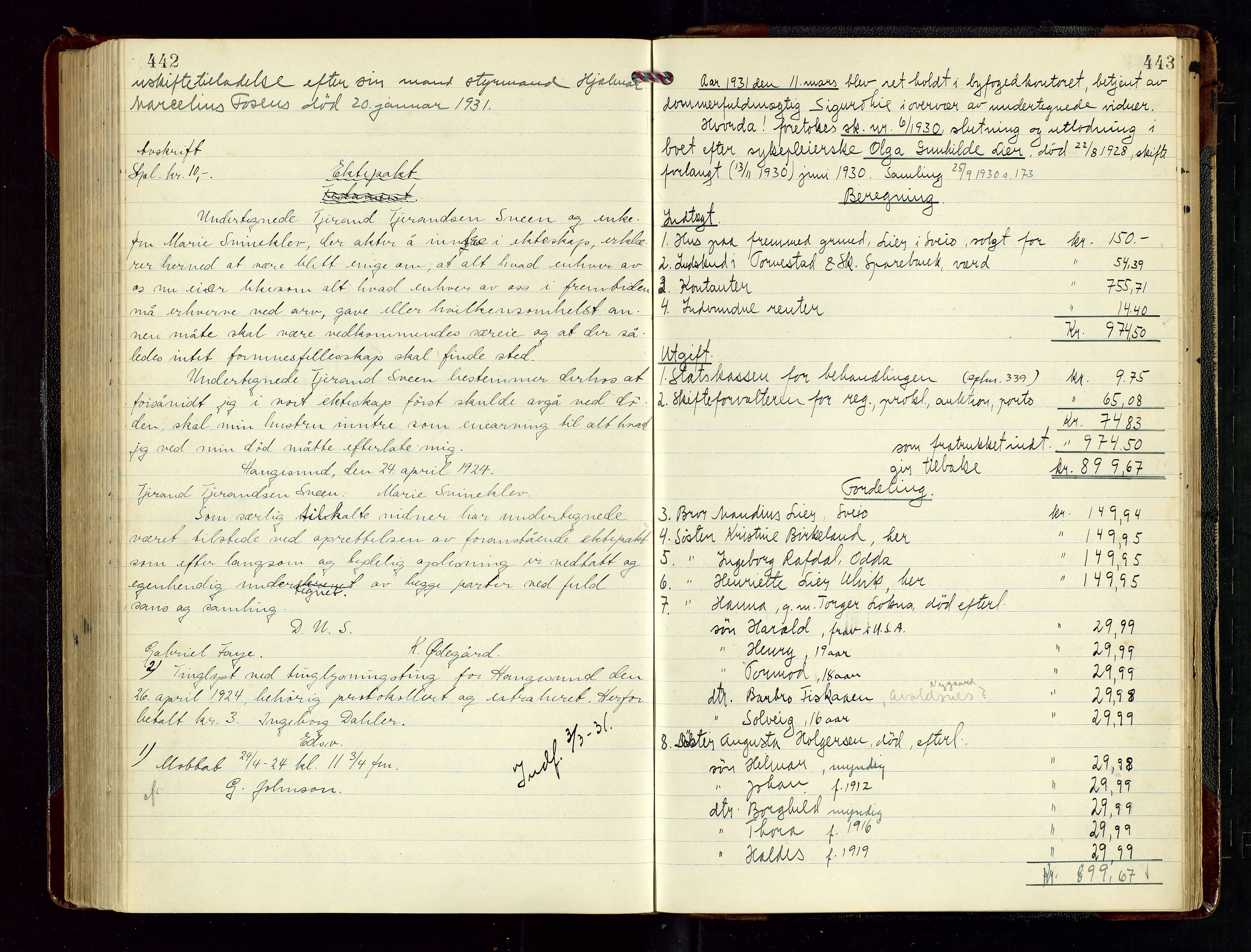 Haugesund tingrett, AV/SAST-A-101415/01/IV/IVD/L0004: Skifteutlodningsprotokoll, med register, 1924-1931, p. 442-443