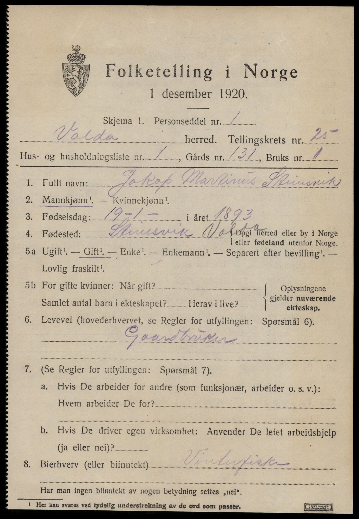 SAT, 1920 census for Volda, 1920, p. 12074