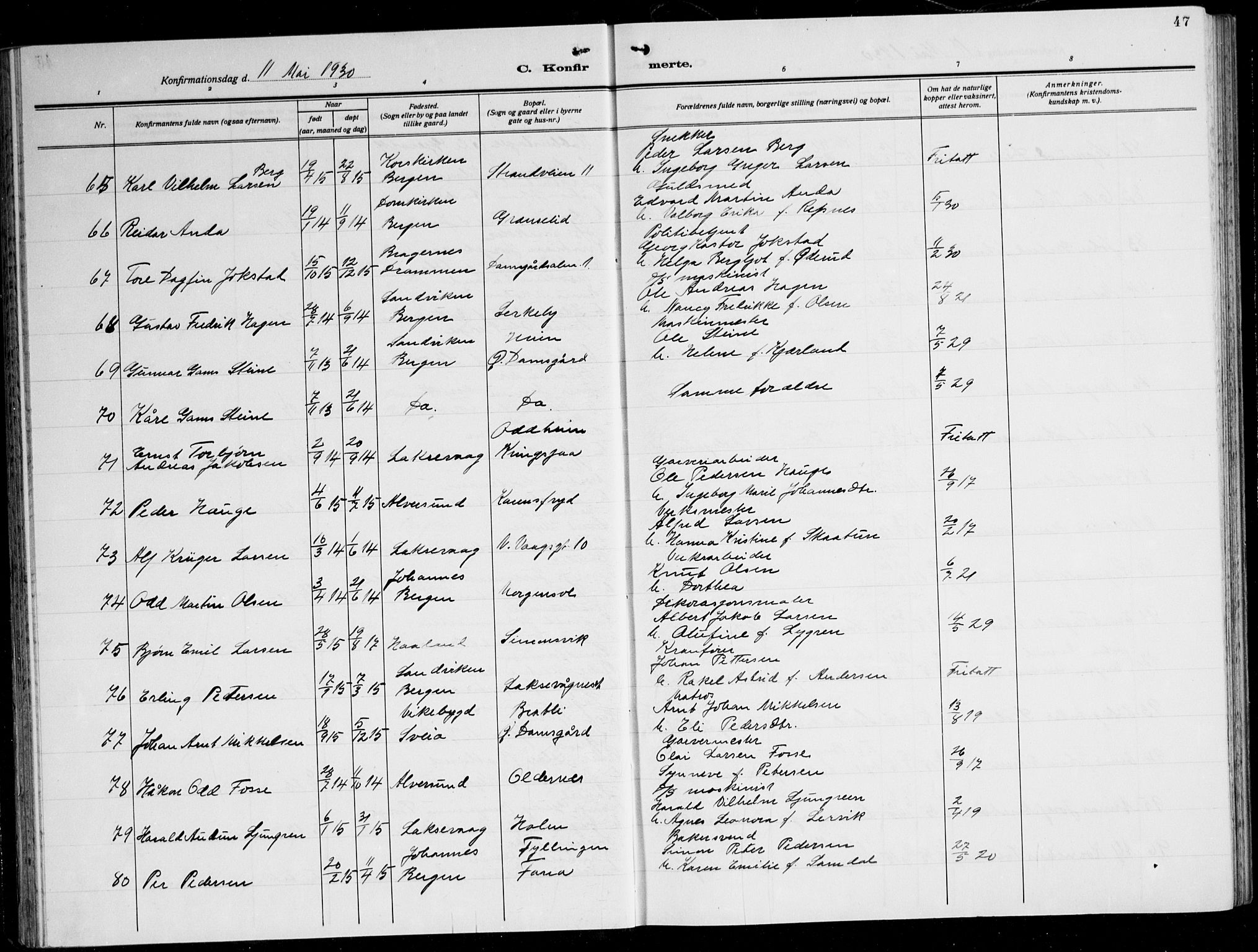 Laksevåg Sokneprestembete, AV/SAB-A-76501/H/Ha/Hab/Haba: Parish register (copy) no. A 10, 1925-1942, p. 47