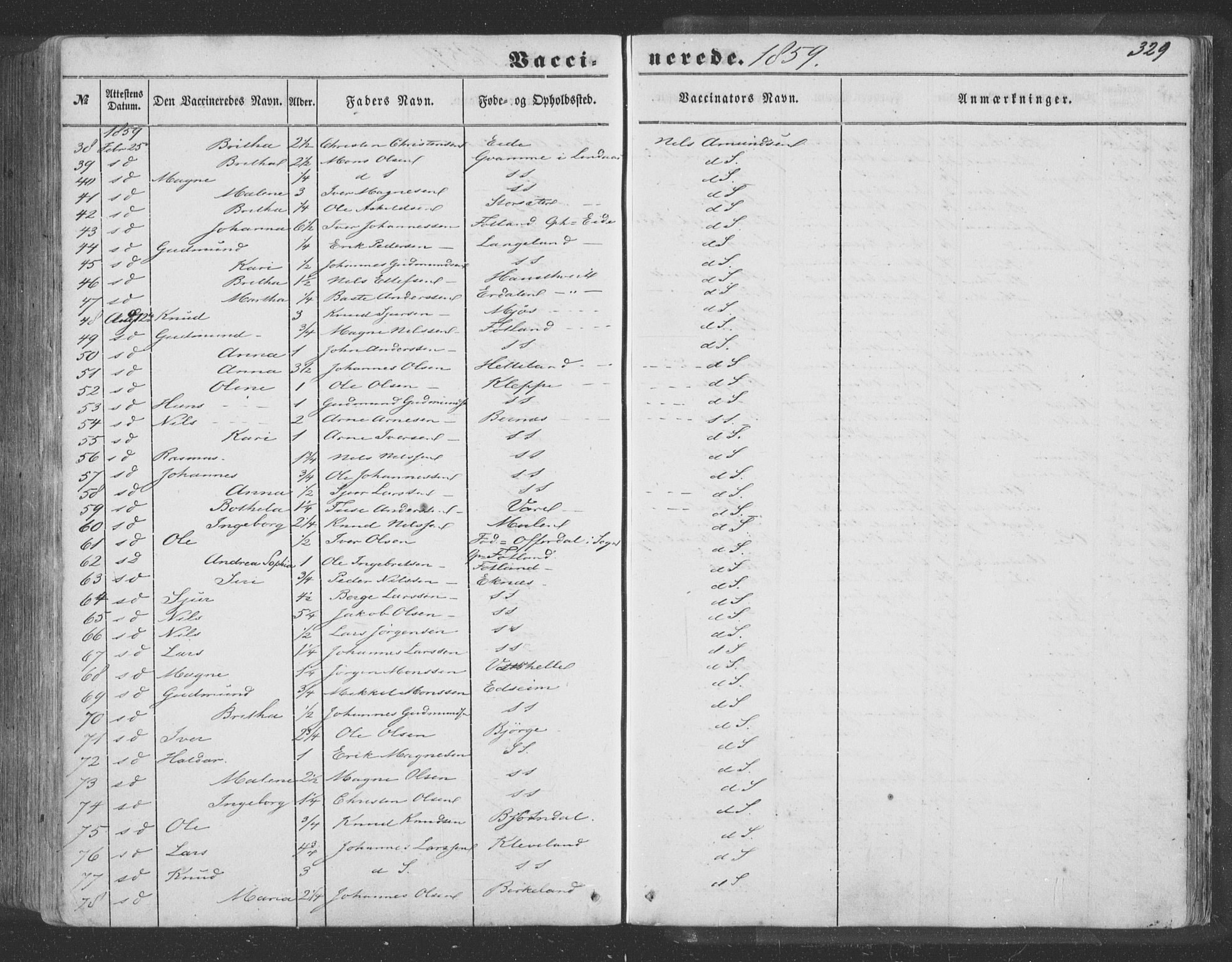 Hosanger sokneprestembete, SAB/A-75801/H/Haa: Parish register (official) no. A 8, 1849-1863, p. 329