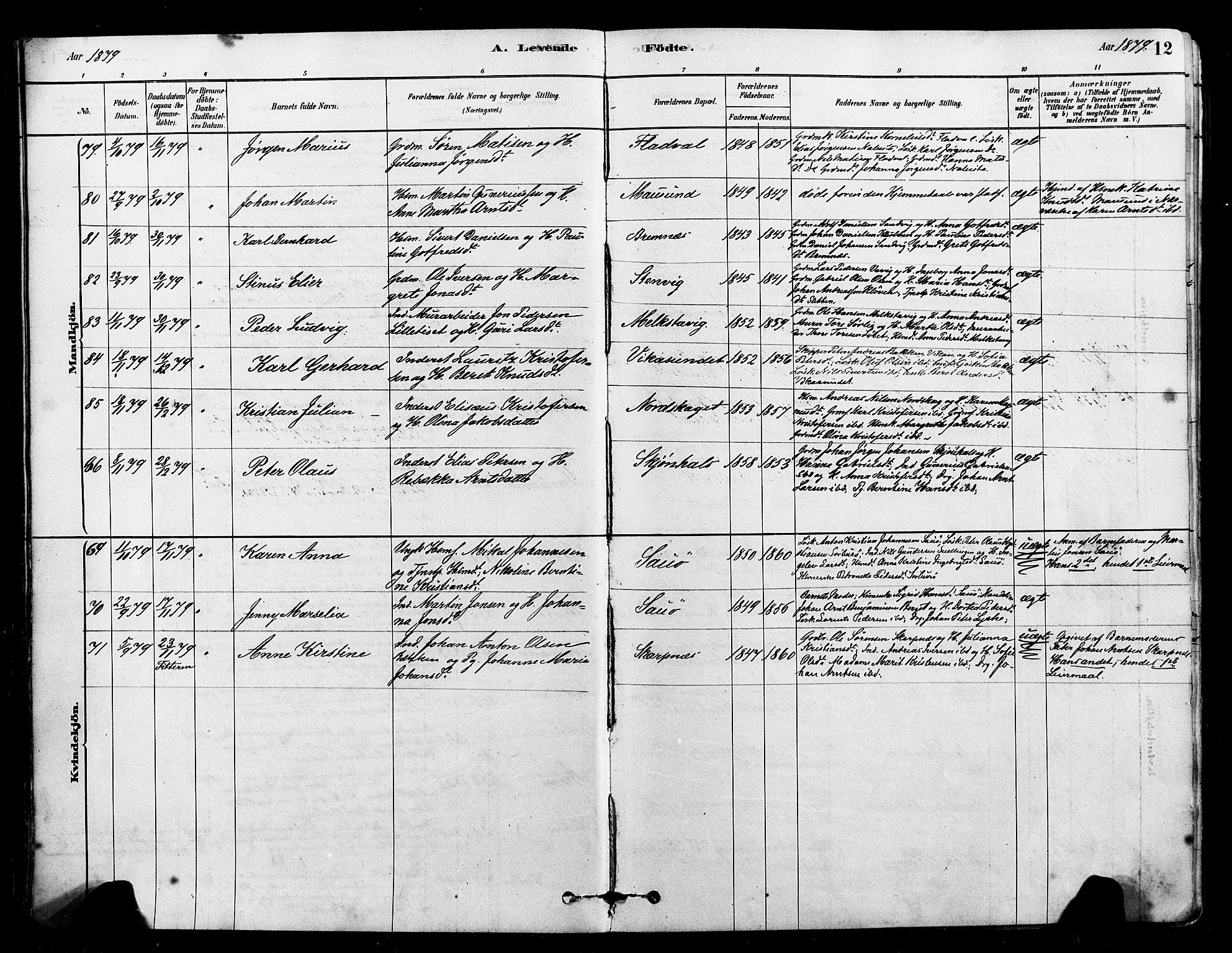 Ministerialprotokoller, klokkerbøker og fødselsregistre - Sør-Trøndelag, AV/SAT-A-1456/640/L0578: Parish register (official) no. 640A03, 1879-1889, p. 12