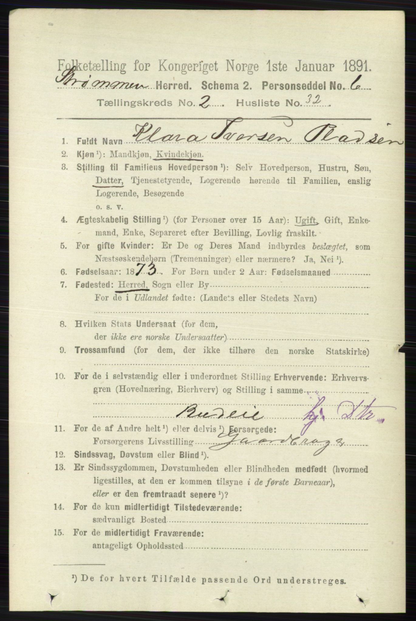 RA, 1891 census for 0711 Strømm, 1891, p. 884