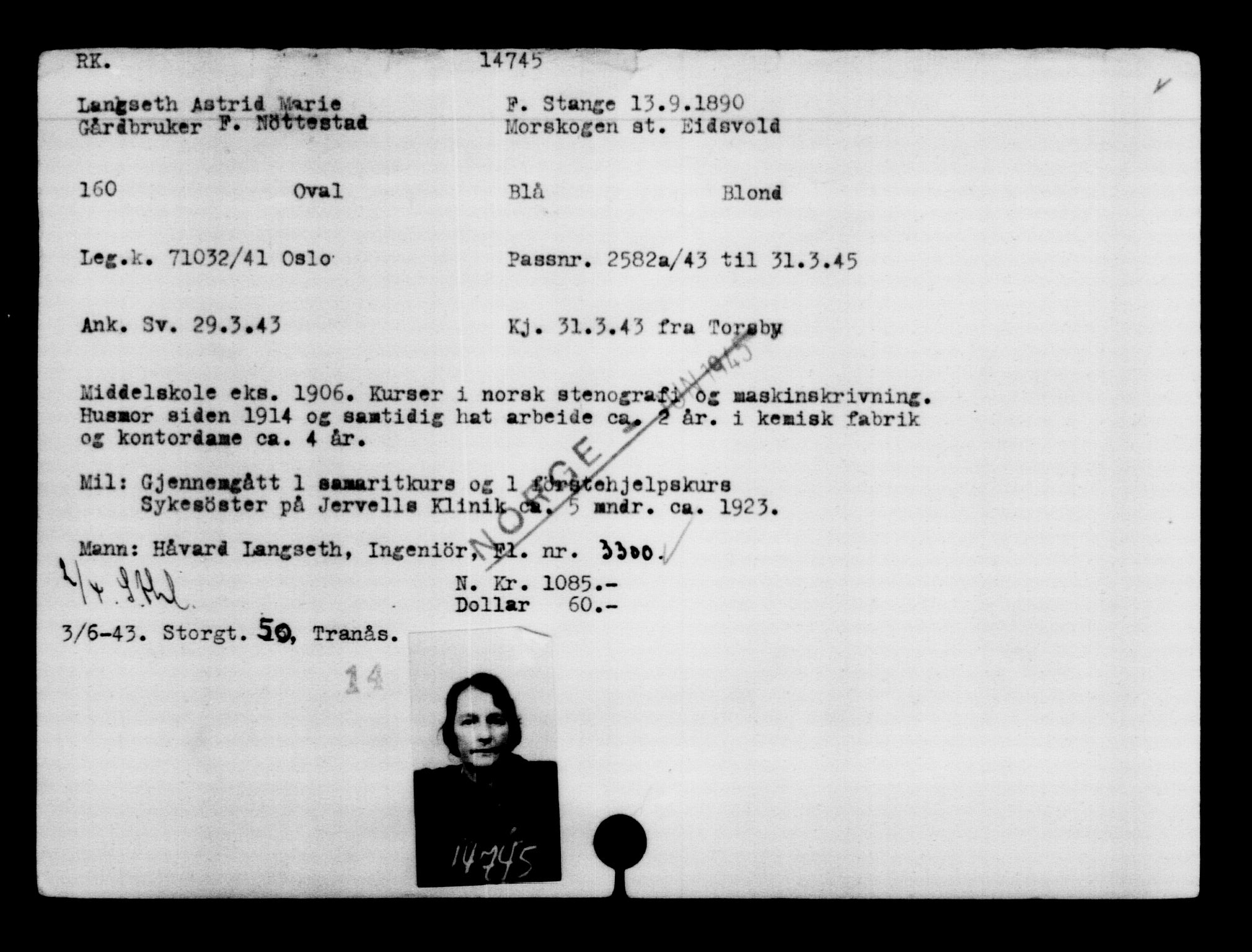 Utenriksstasjonene, Legasjonen i Stockholm, Flyktningkontoret, AV/RA-S-6753/V/Va/L0007: Kjesäterkartoteket, flyktninger med registreringsnr. 12700-15723, 1940-1945, p. 2359