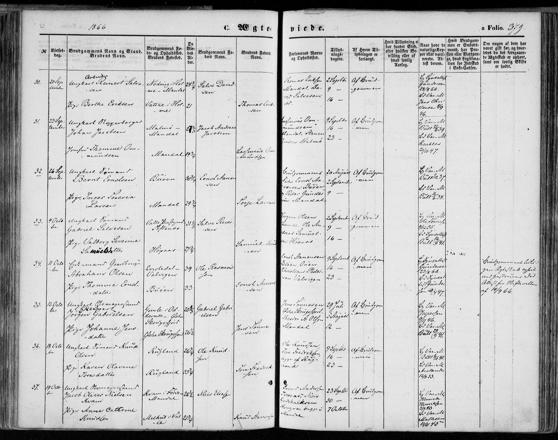 Mandal sokneprestkontor, AV/SAK-1111-0030/F/Fa/Faa/L0014: Parish register (official) no. A 14, 1859-1872, p. 379