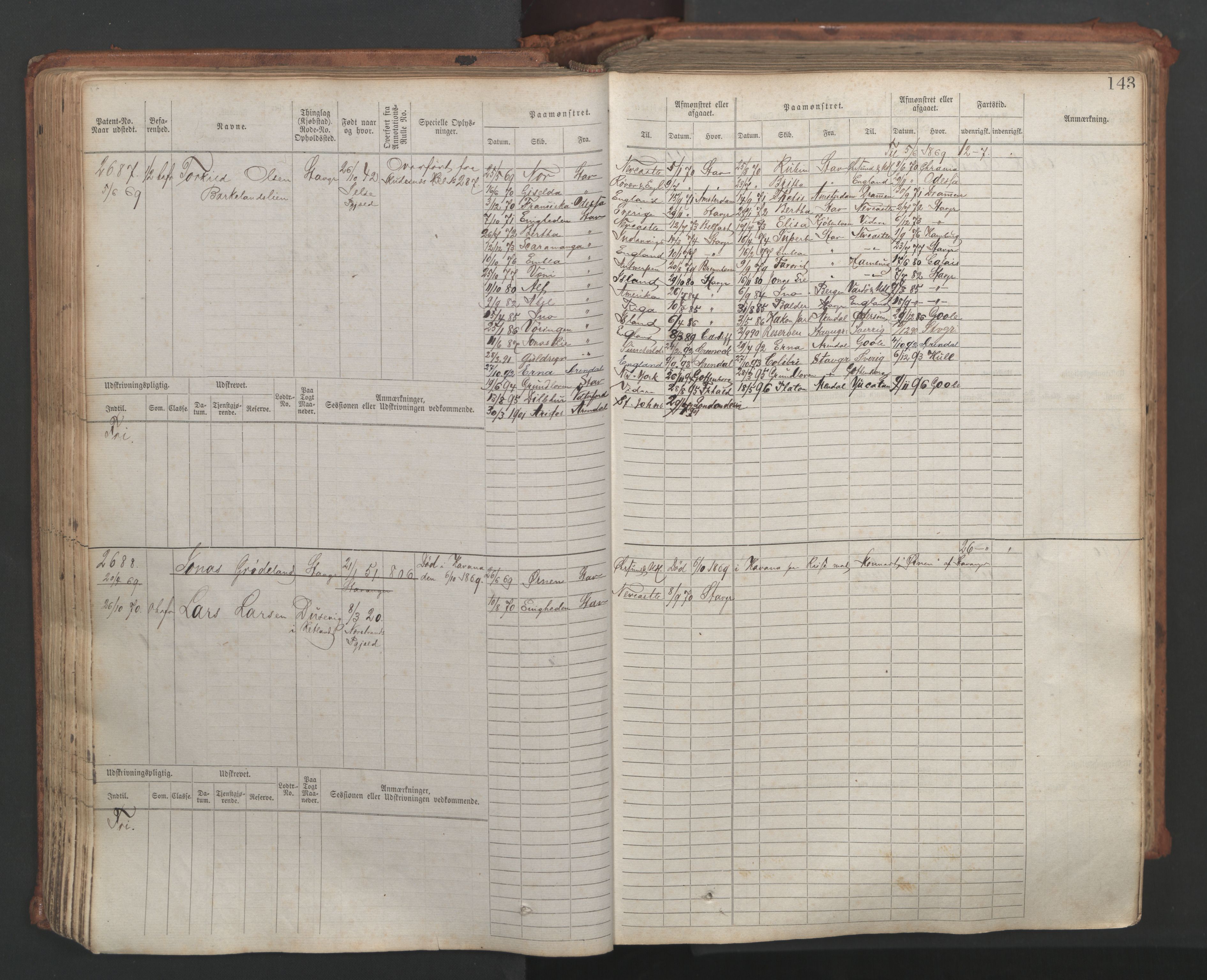 Stavanger sjømannskontor, AV/SAST-A-102006/F/Fb/Fbb/L0007: Sjøfartshovedrulle, patentnr. 2403-3604, 1869-1880, p. 168