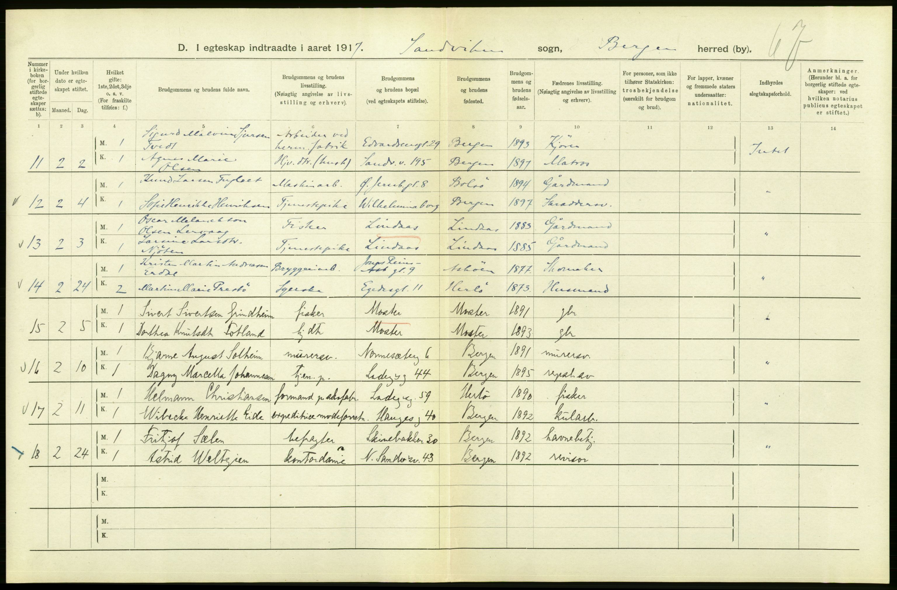 Statistisk sentralbyrå, Sosiodemografiske emner, Befolkning, RA/S-2228/D/Df/Dfb/Dfbg/L0038: Bergen: Gifte, døde, dødfødte., 1917, p. 236