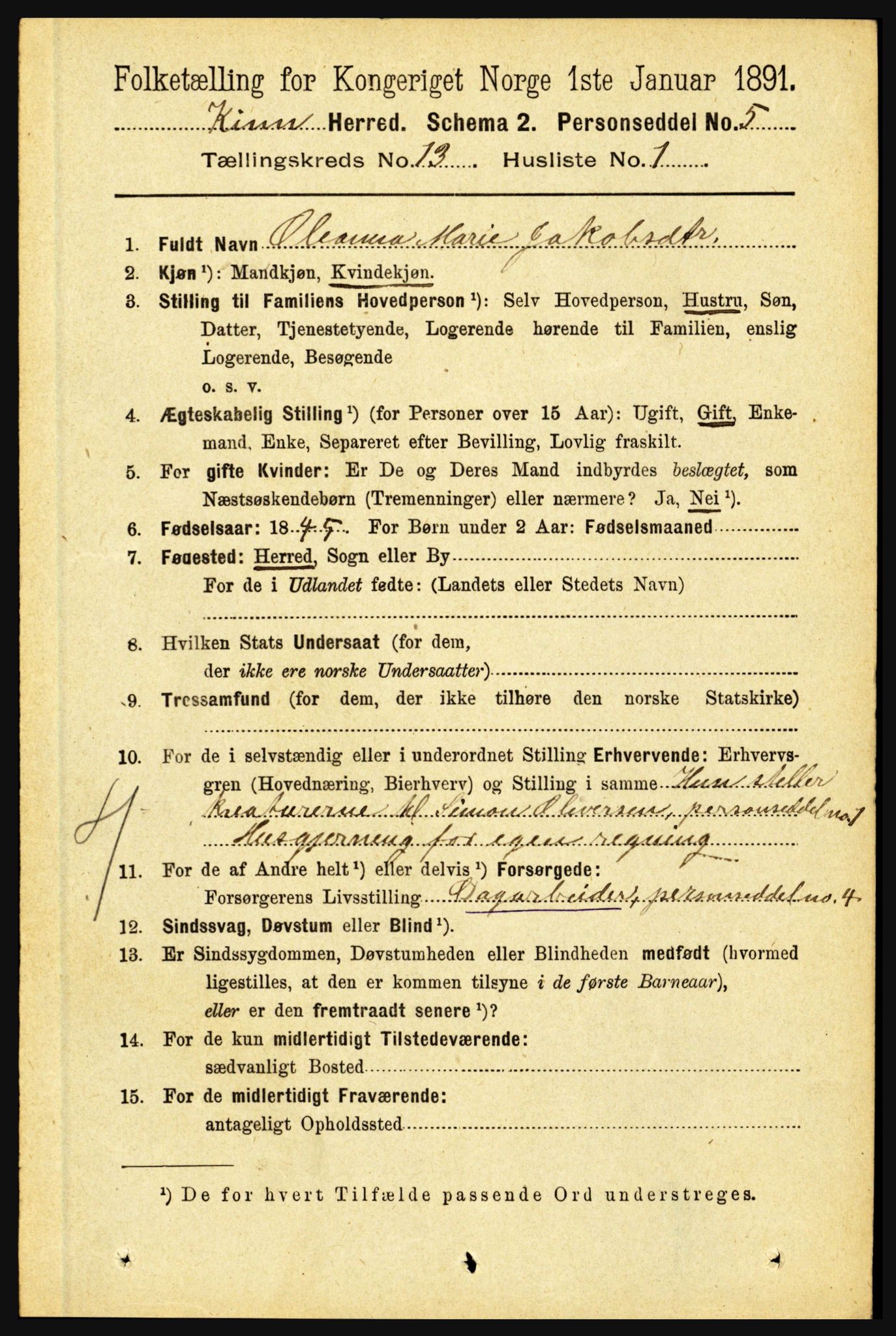 RA, 1891 census for 1437 Kinn, 1891, p. 5053