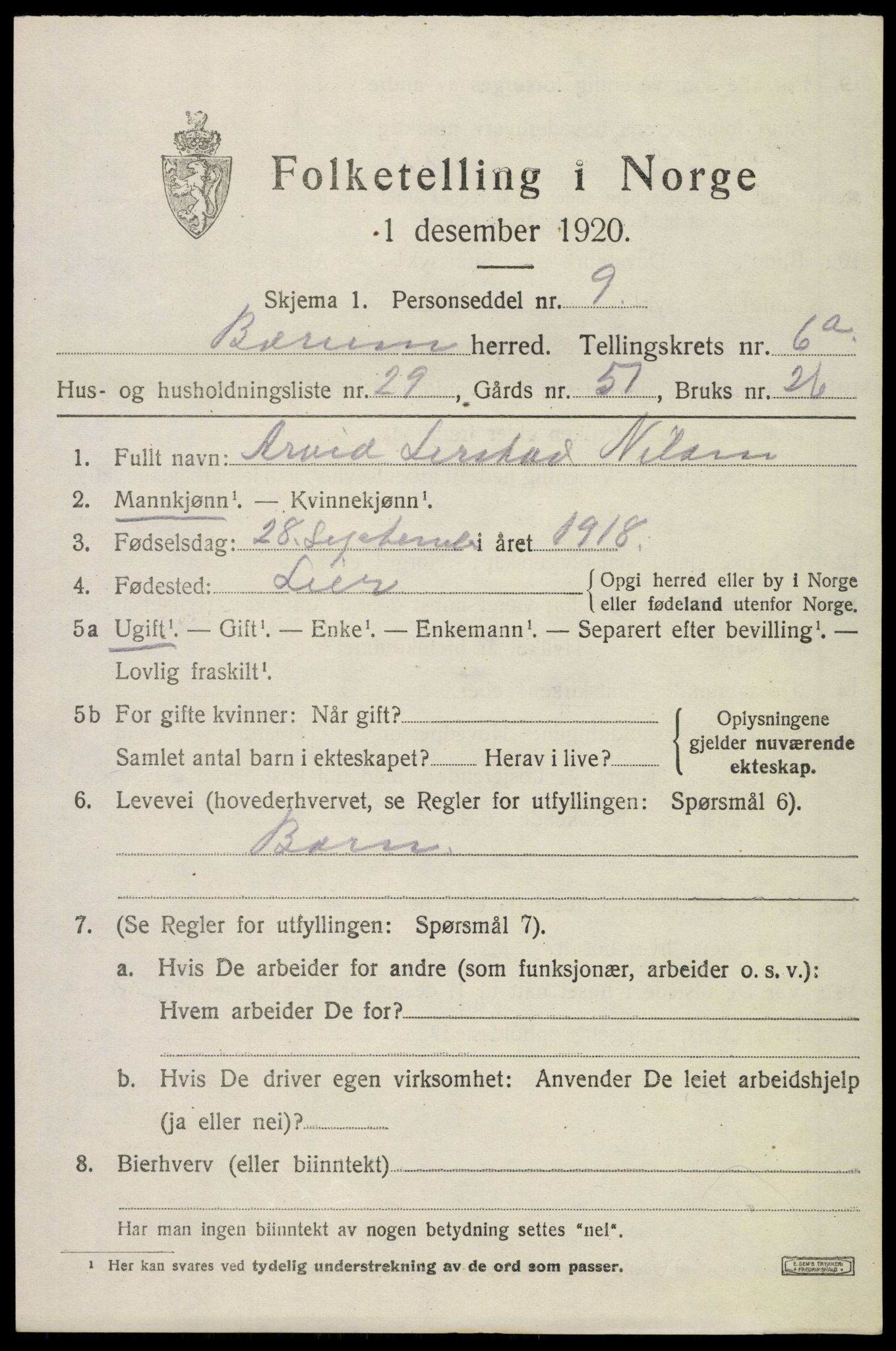 SAO, 1920 census for Bærum, 1920, p. 12902