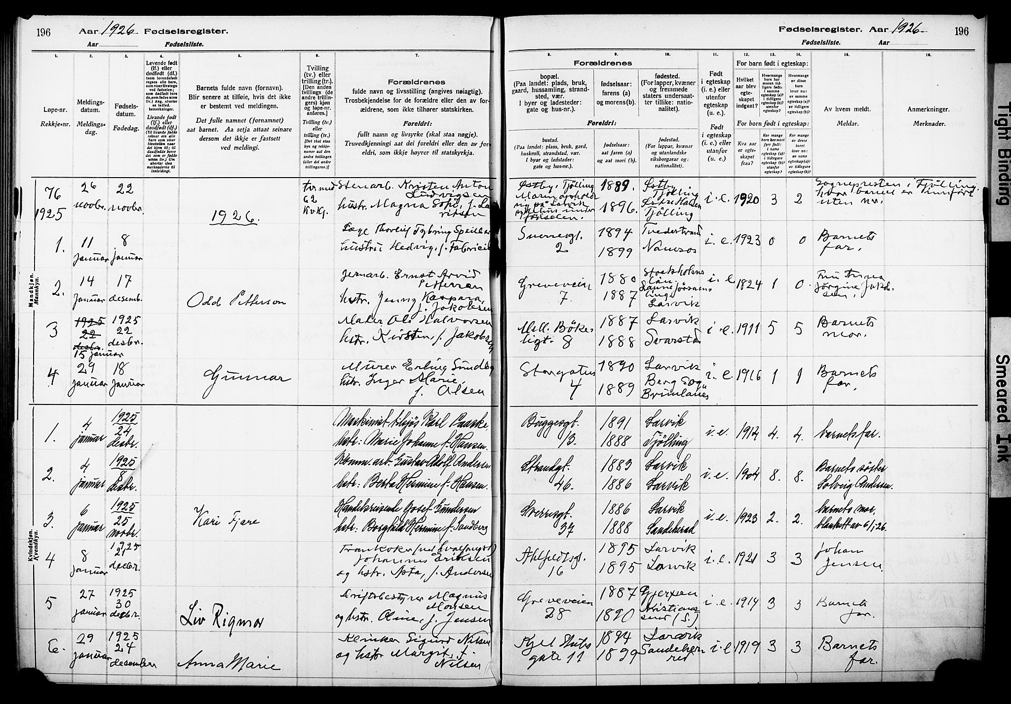 Larvik kirkebøker, AV/SAKO-A-352/J/Ja/L0001: Birth register no. I 1, 1916-1926, p. 196