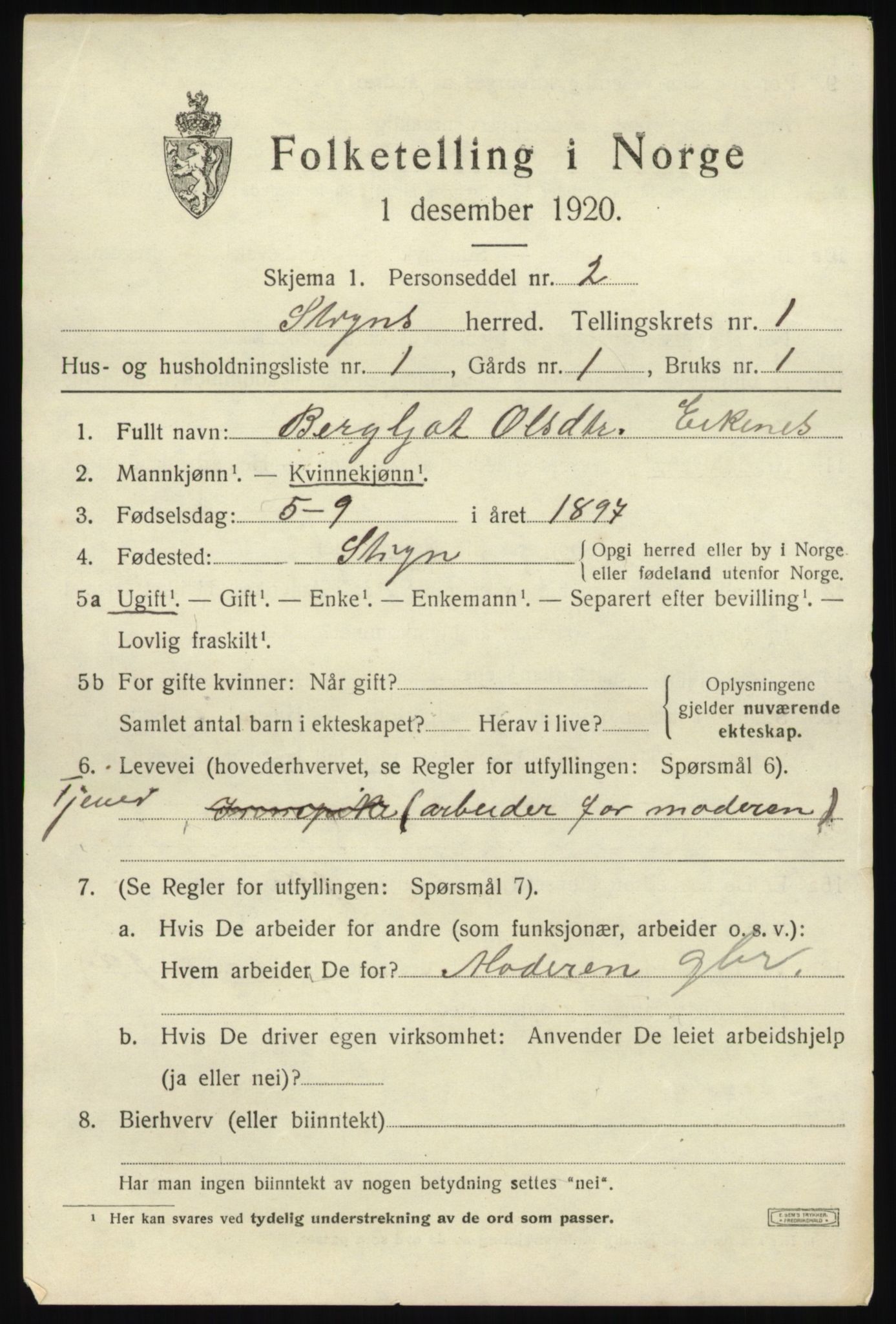 SAB, 1920 census for Stryn, 1920, p. 892