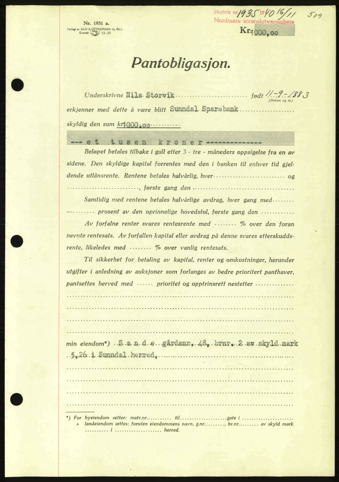 Nordmøre sorenskriveri, AV/SAT-A-4132/1/2/2Ca: Mortgage book no. B87, 1940-1941, Diary no: : 1935/1940