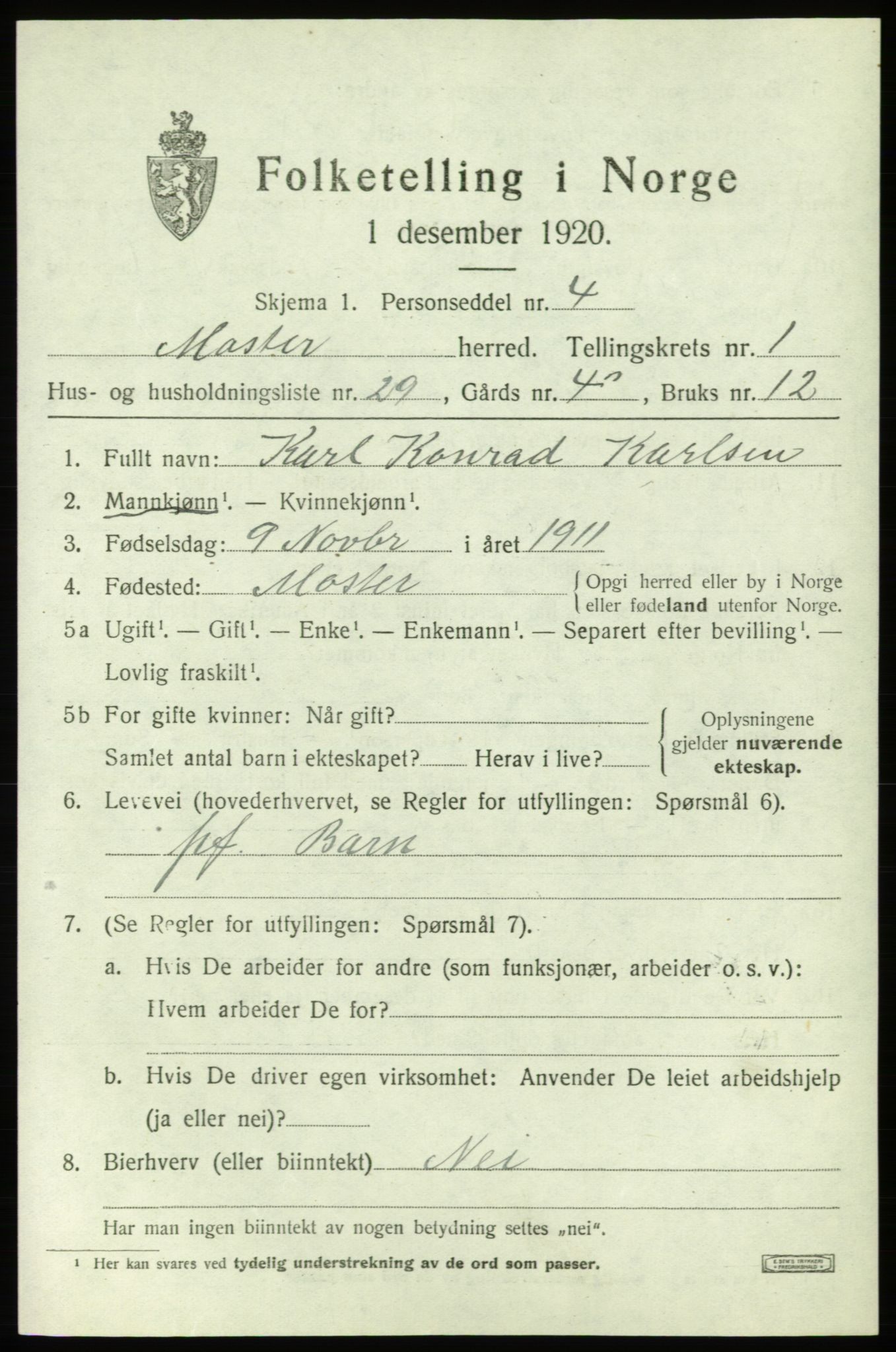 SAB, 1920 census for Moster, 1920, p. 799