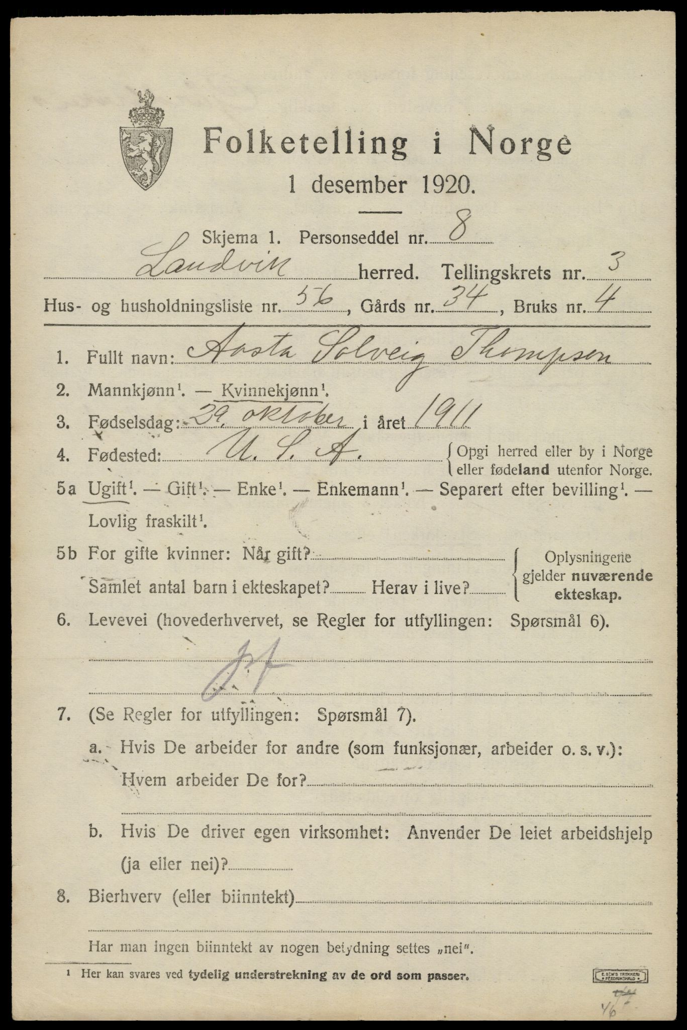 SAK, 1920 census for Landvik, 1920, p. 3446