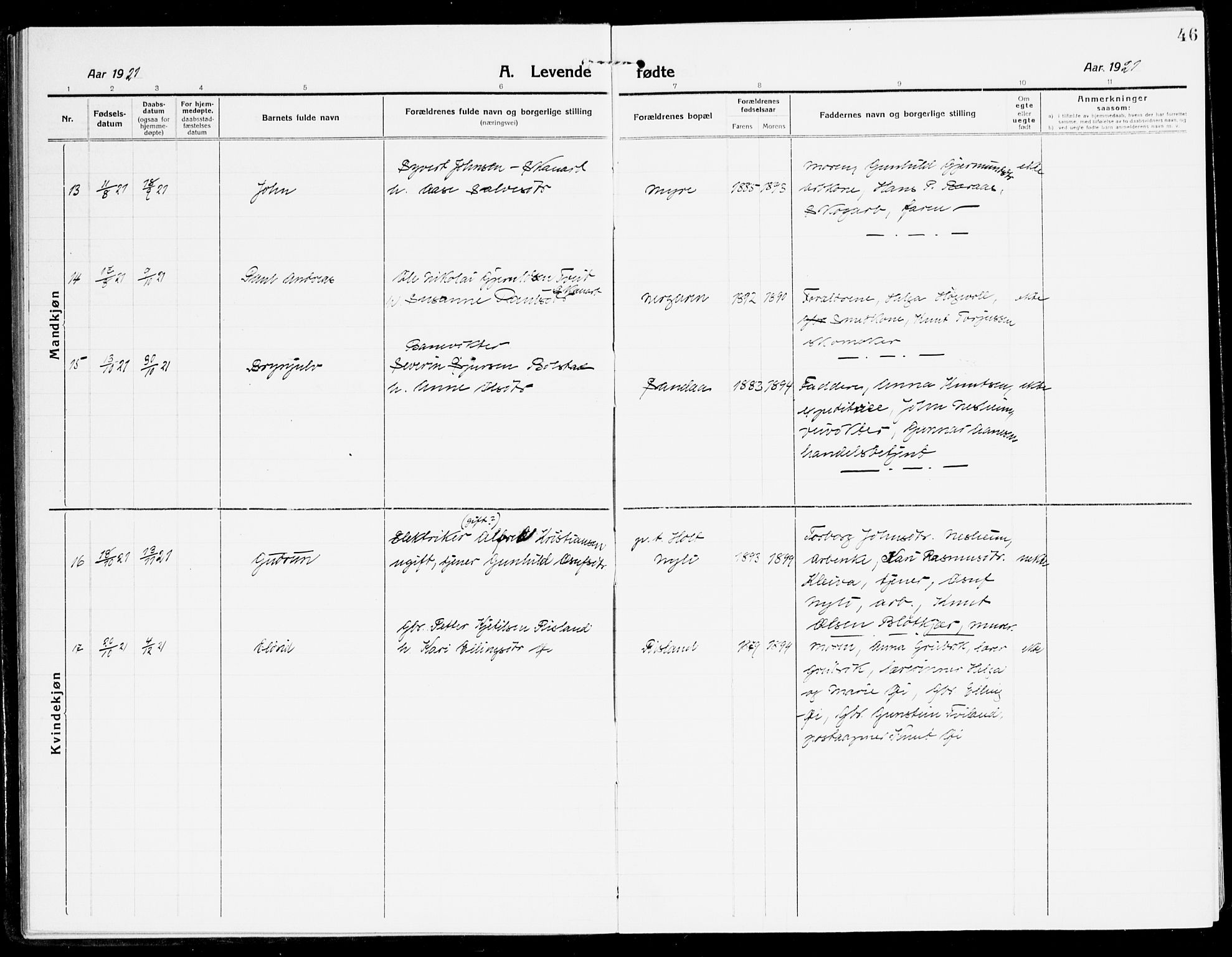 Åmli sokneprestkontor, AV/SAK-1111-0050/F/Fa/Fac/L0013: Parish register (official) no. A 13, 1914-1933, p. 46