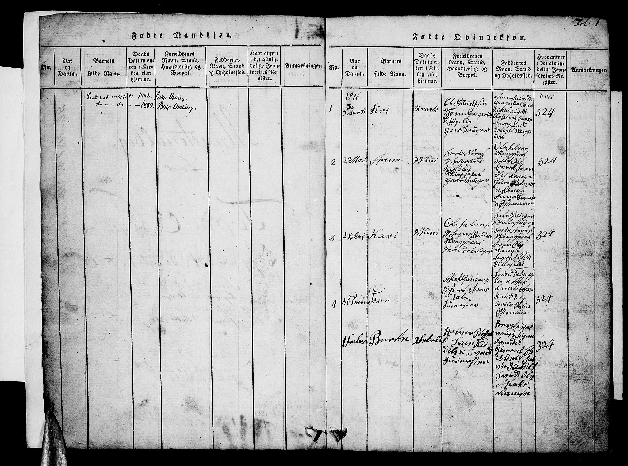 Åmli sokneprestkontor, SAK/1111-0050/F/Fb/Fbb/L0001: Parish register (copy) no. B 1, 1816-1889, p. 1