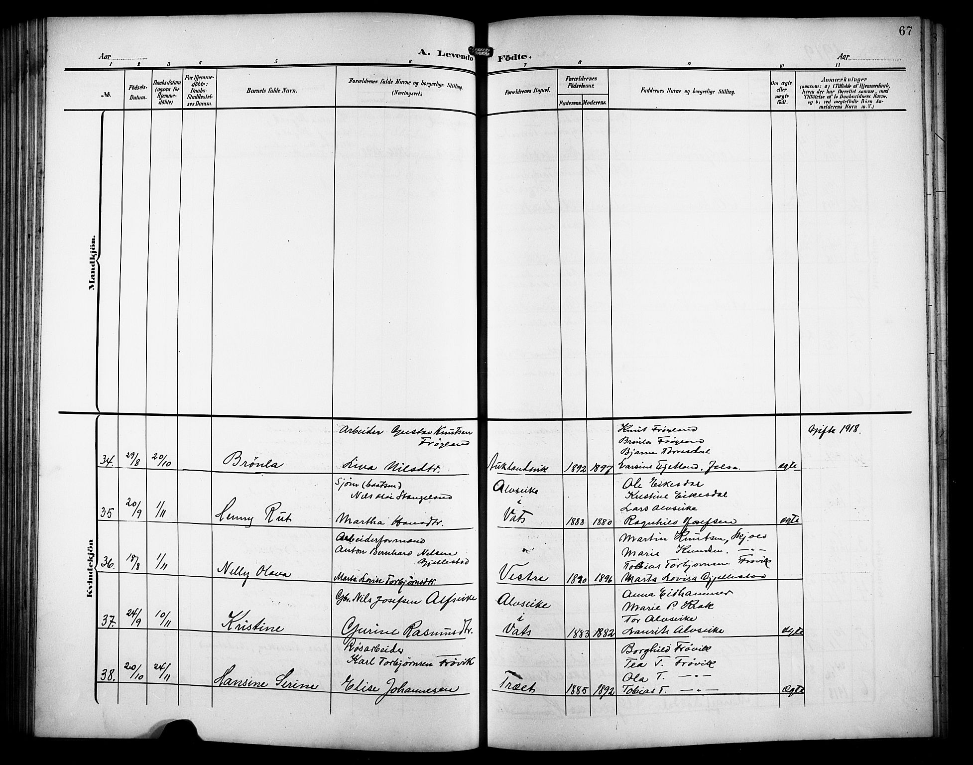 Skjold sokneprestkontor, AV/SAST-A-101847/H/Ha/Hab/L0008: Parish register (copy) no. B 8, 1906-1920, p. 67