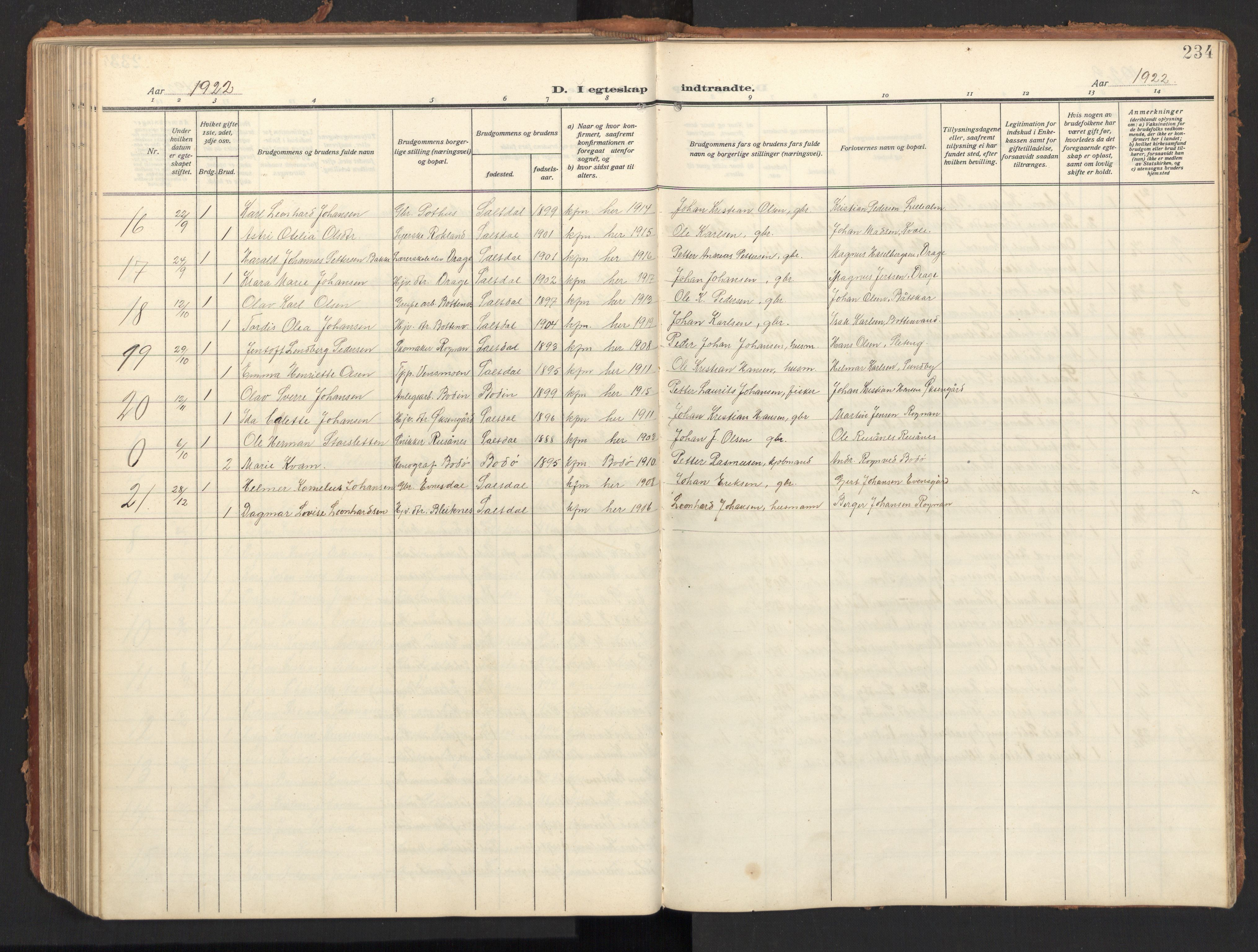 Ministerialprotokoller, klokkerbøker og fødselsregistre - Nordland, AV/SAT-A-1459/847/L0683: Parish register (copy) no. 847C11, 1908-1929, p. 234