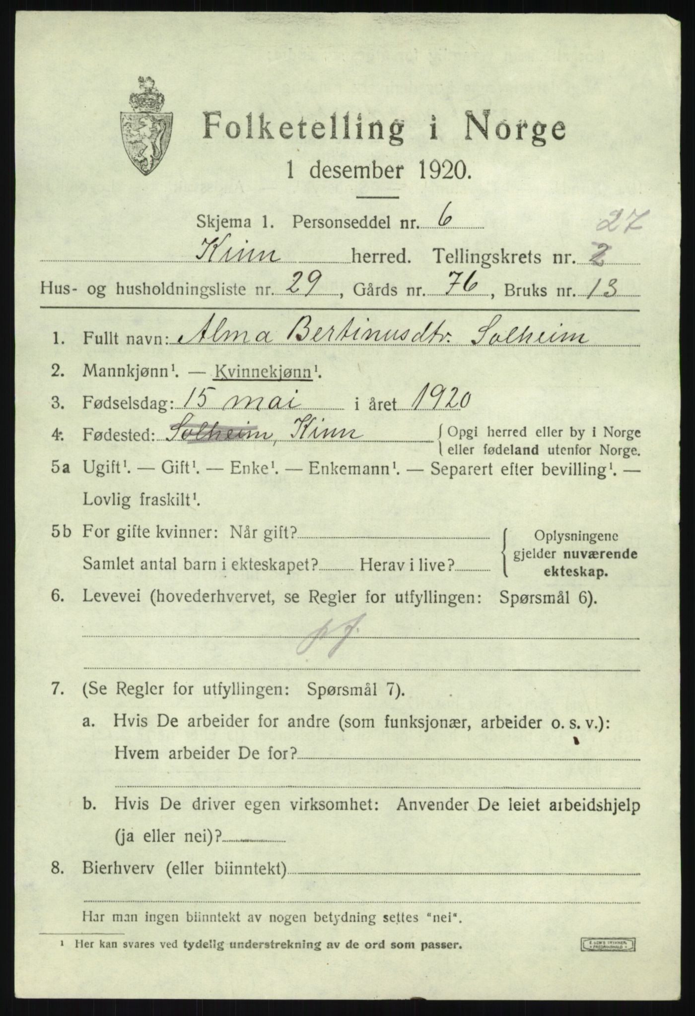 SAB, 1920 census for Kinn, 1920, p. 9551