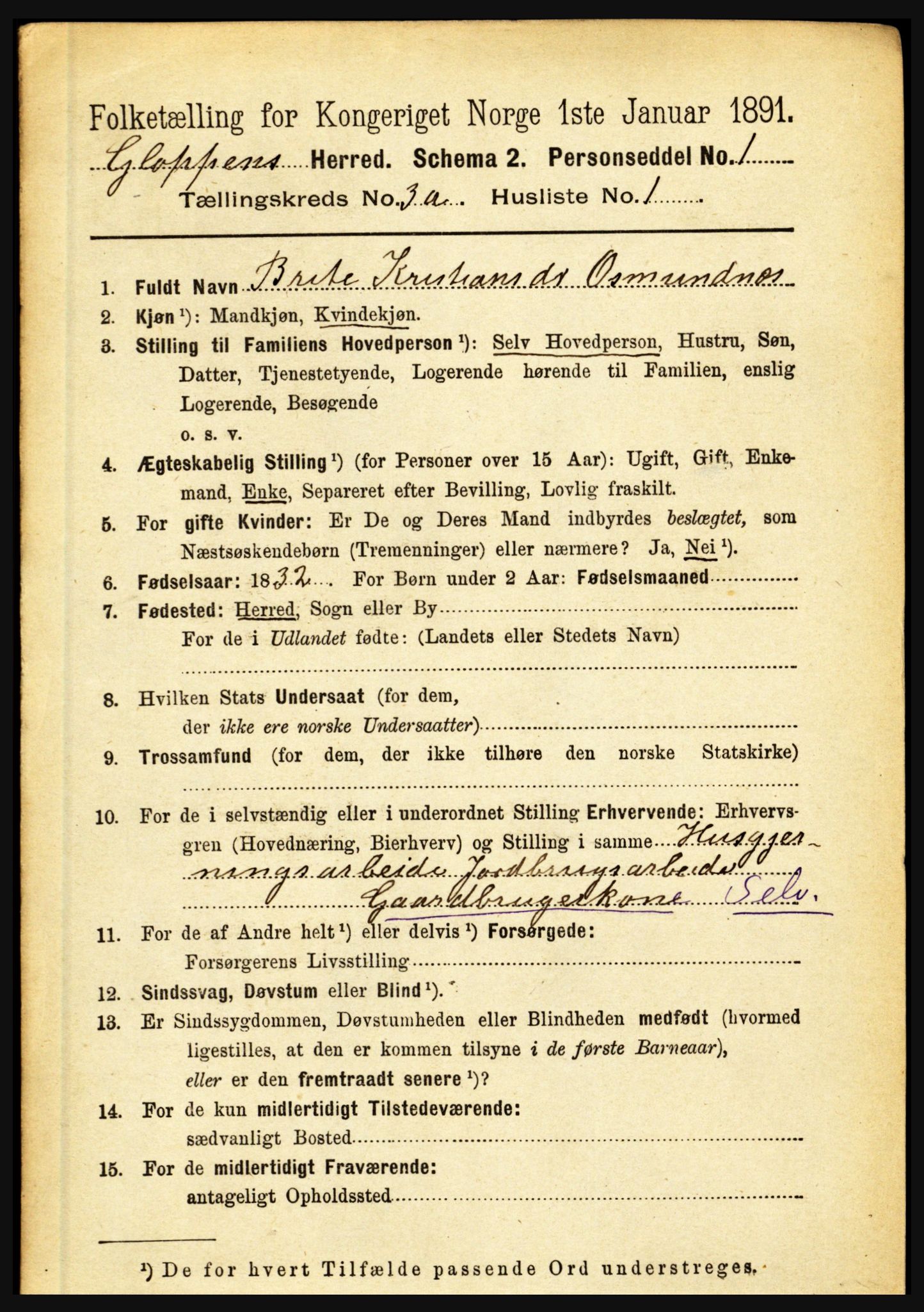 RA, 1891 census for 1445 Gloppen, 1891, p. 1179