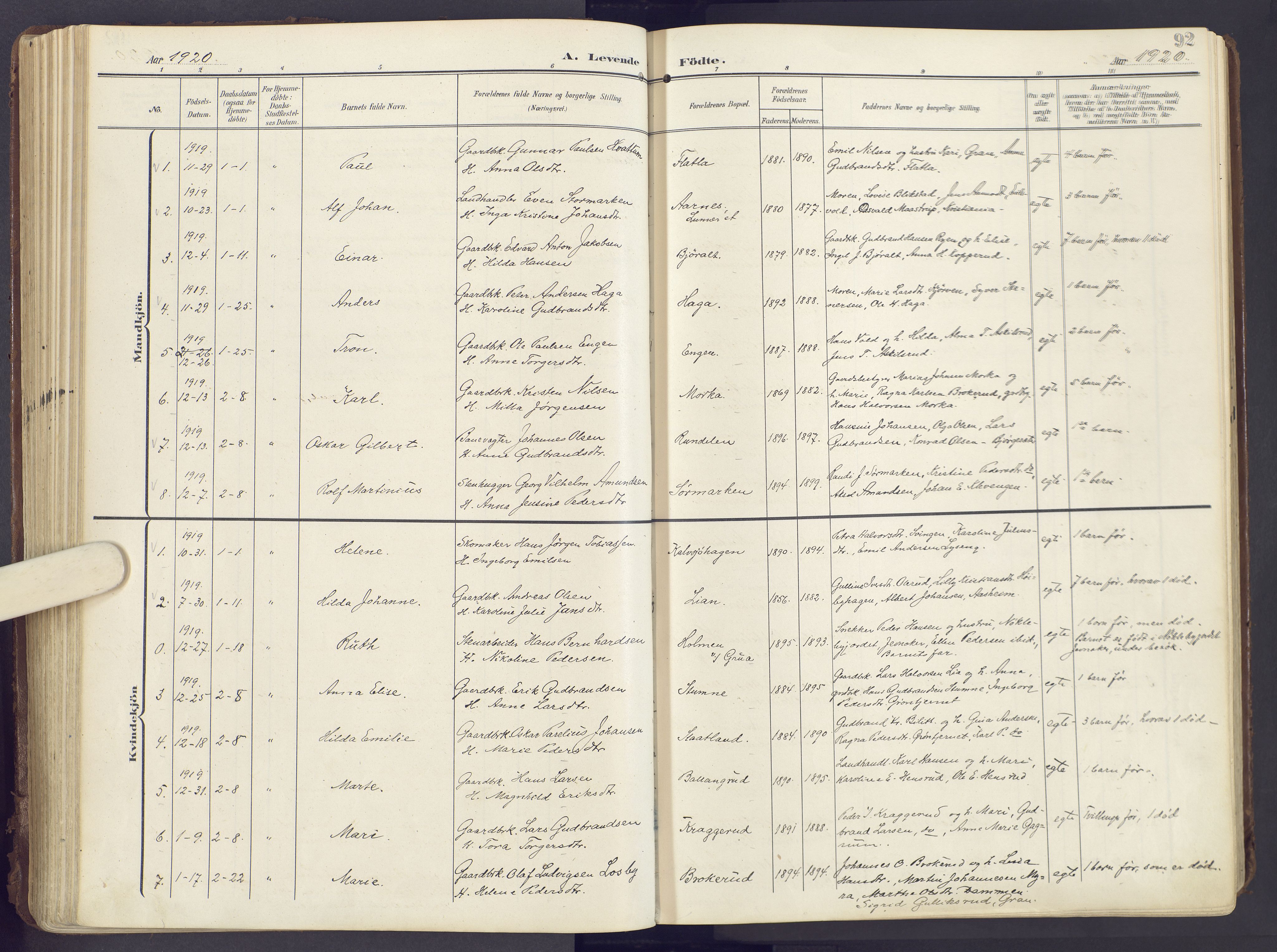 Lunner prestekontor, SAH/PREST-118/H/Ha/Haa/L0001: Parish register (official) no. 1, 1907-1922, p. 92