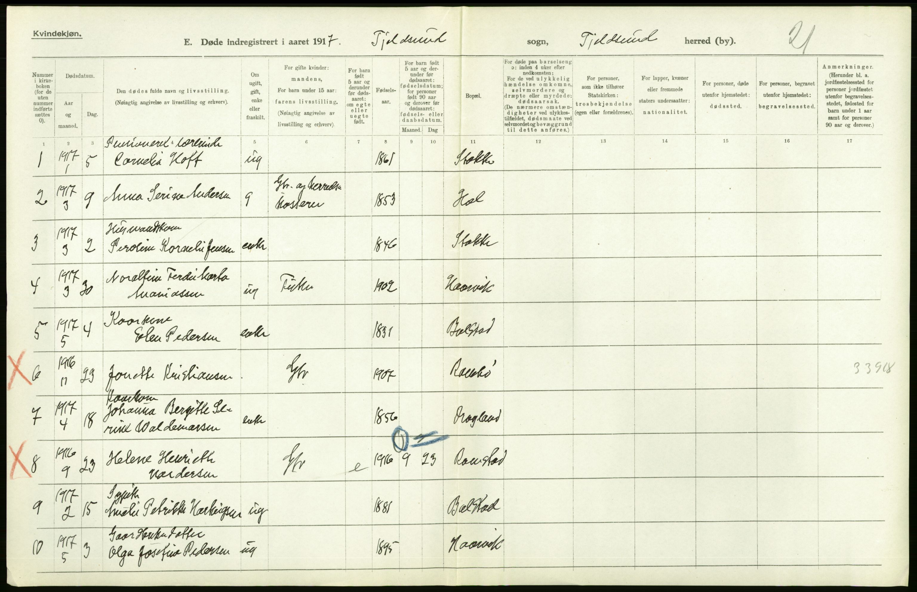 Statistisk sentralbyrå, Sosiodemografiske emner, Befolkning, RA/S-2228/D/Df/Dfb/Dfbg/L0052: Nordlands amt: Døde. Bygder og byer., 1917, p. 28