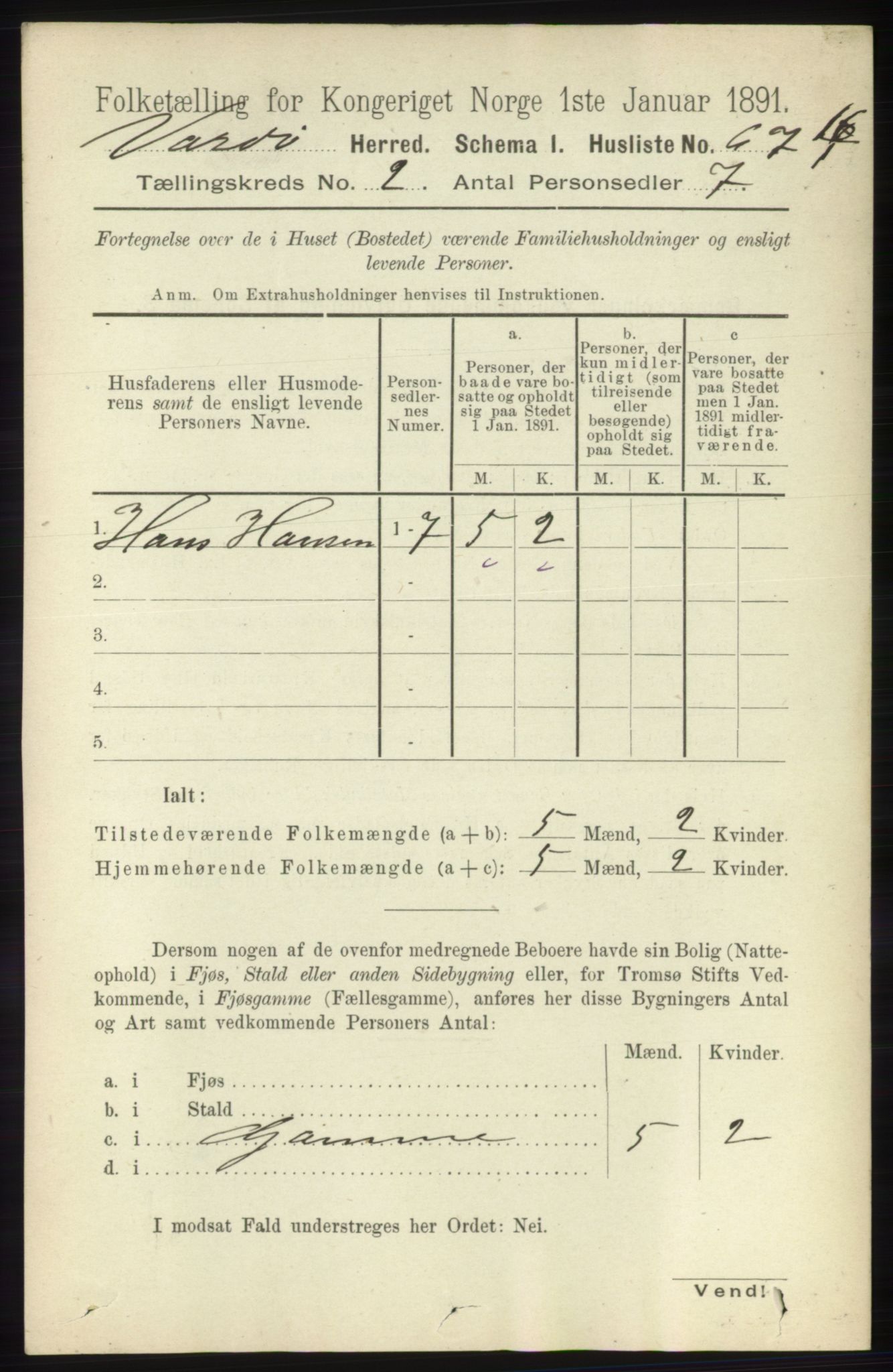 RA, 1891 census for 2028 Vardø, 1891, p. 291