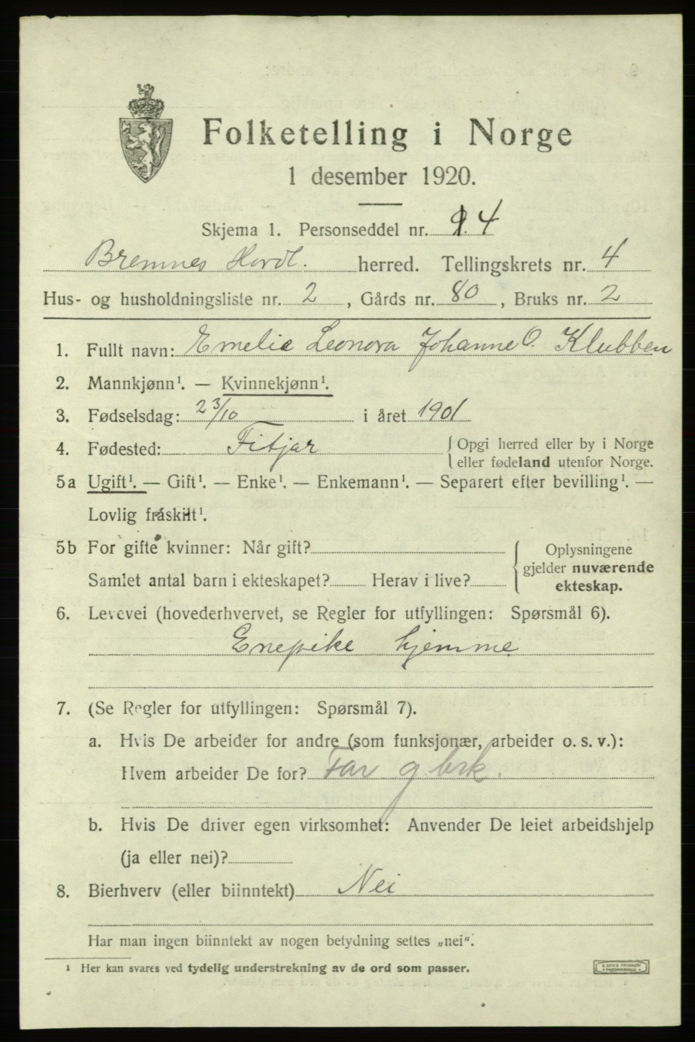 SAB, 1920 census for Bremnes, 1920, p. 1822