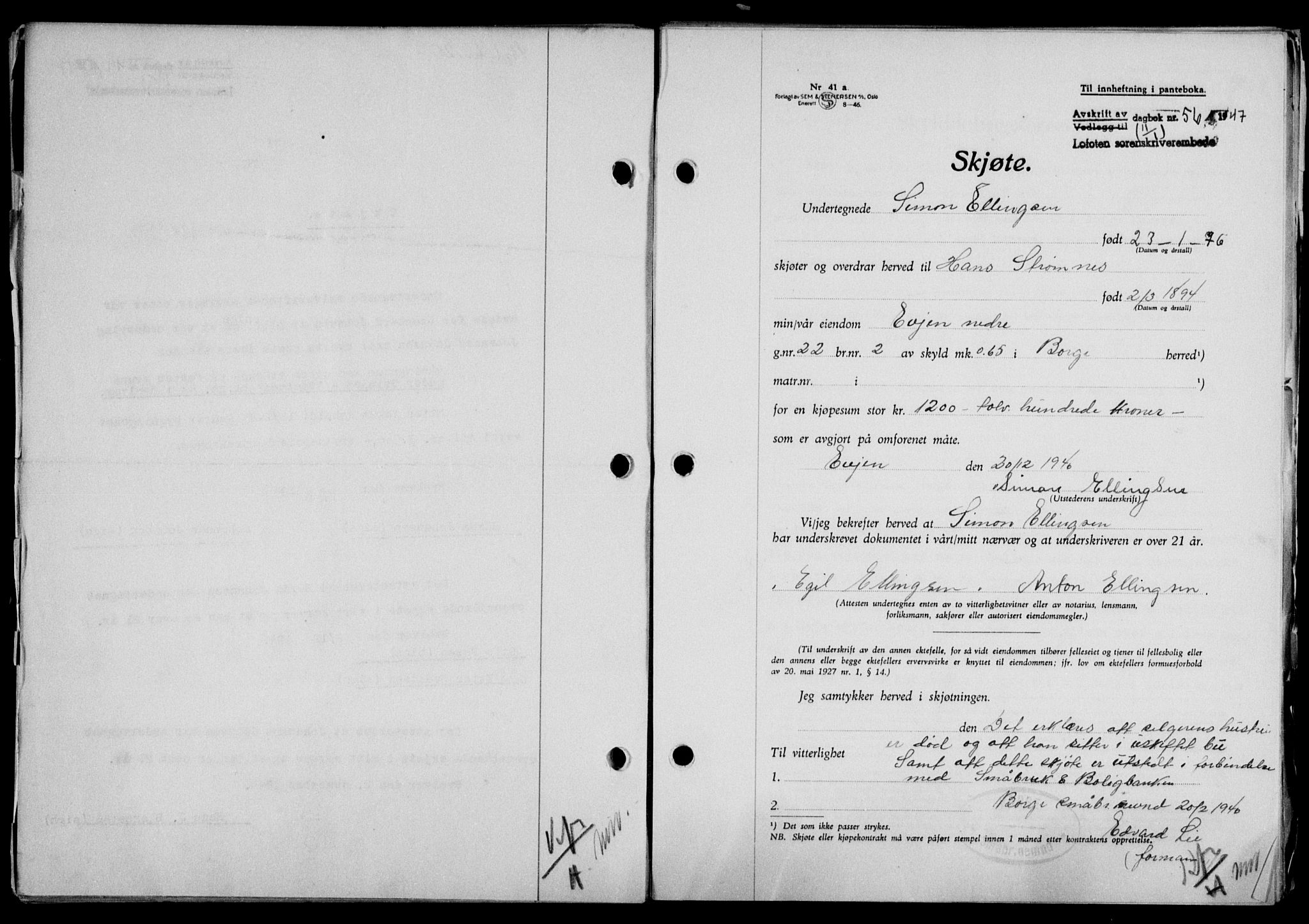 Lofoten sorenskriveri, SAT/A-0017/1/2/2C/L0015a: Mortgage book no. 15a, 1946-1947, Diary no: : 56/1947