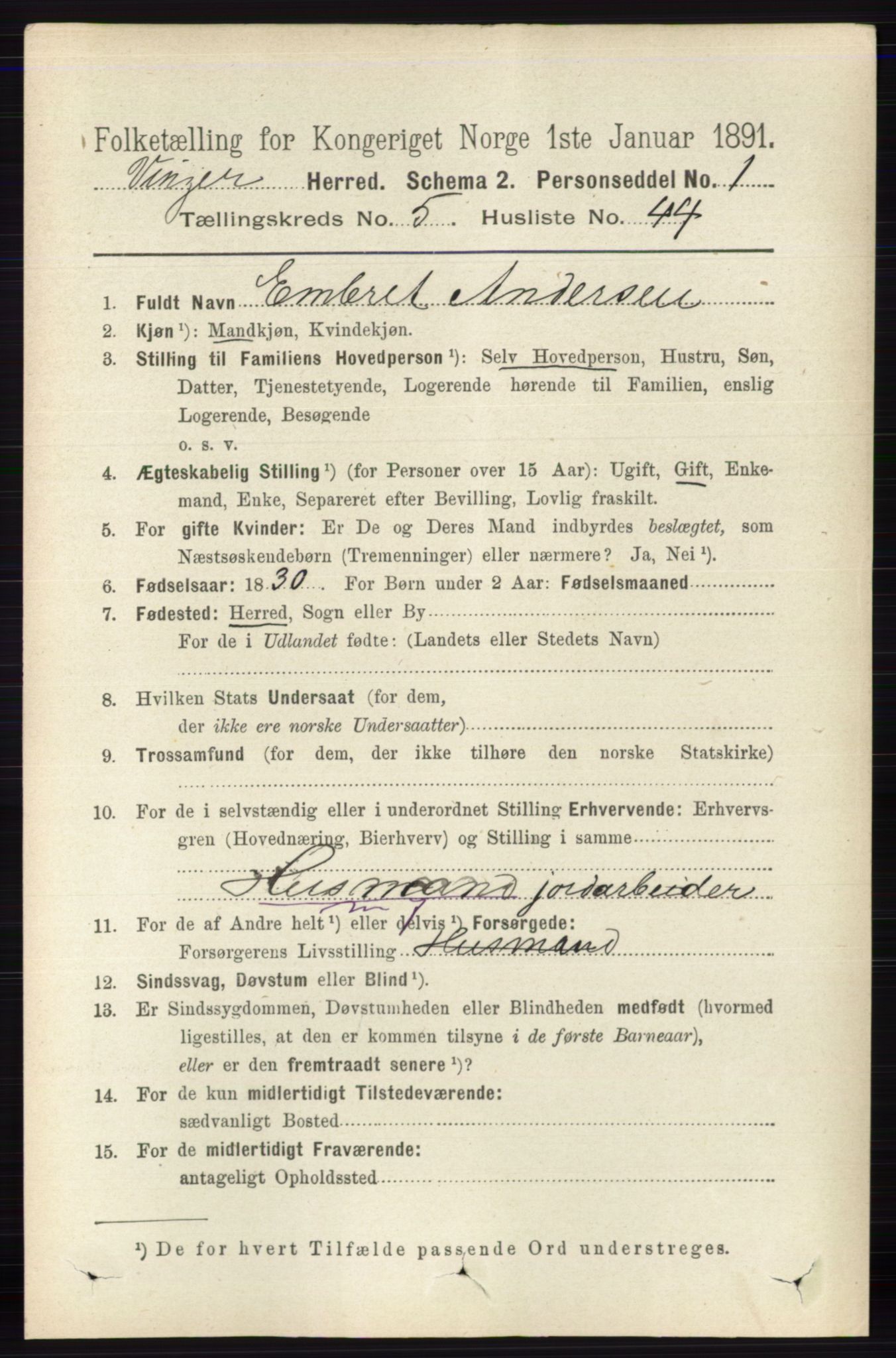 RA, 1891 census for 0421 Vinger, 1891, p. 2291