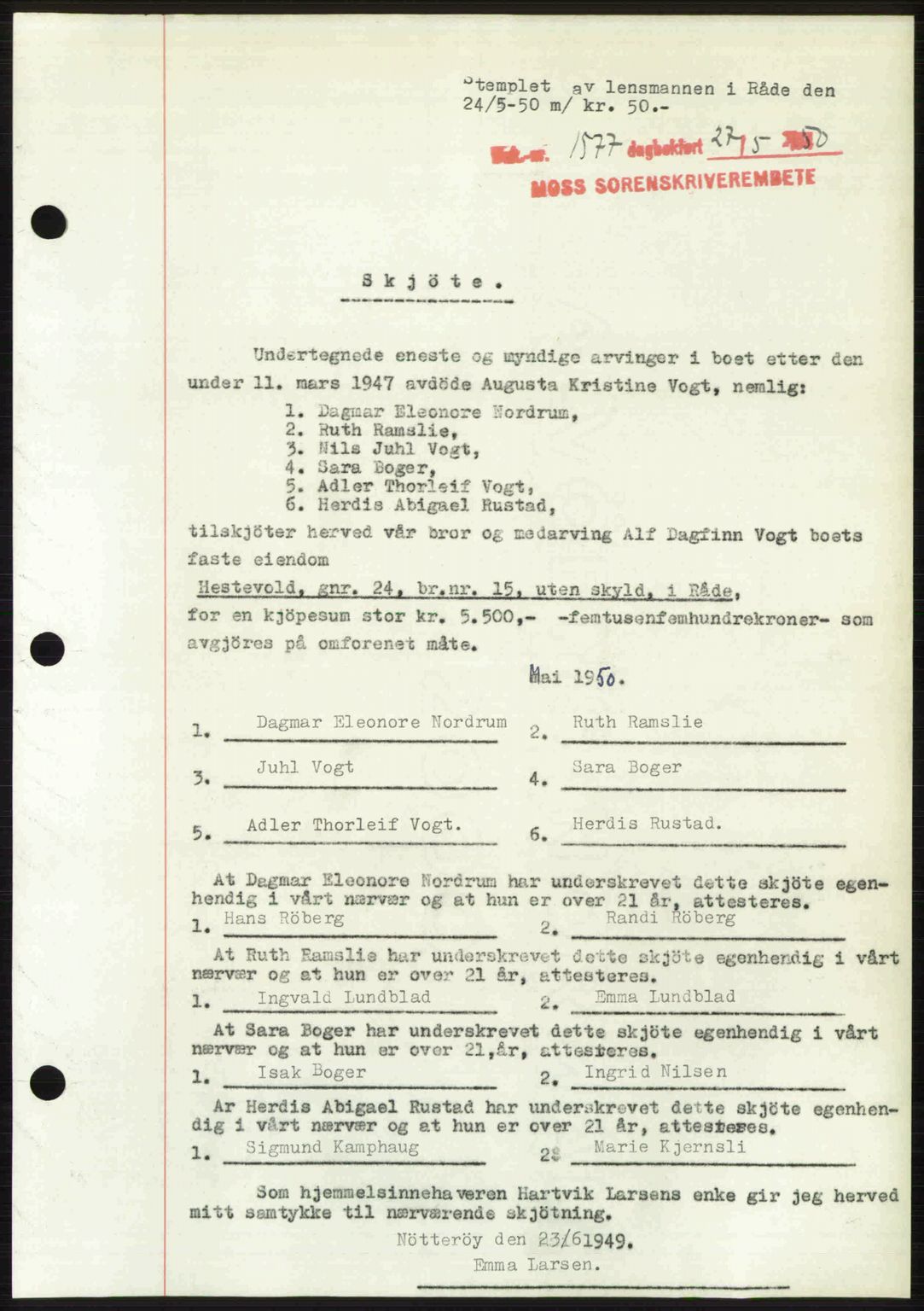Moss sorenskriveri, AV/SAO-A-10168: Mortgage book no. A26, 1950-1950, Diary no: : 1577/1950