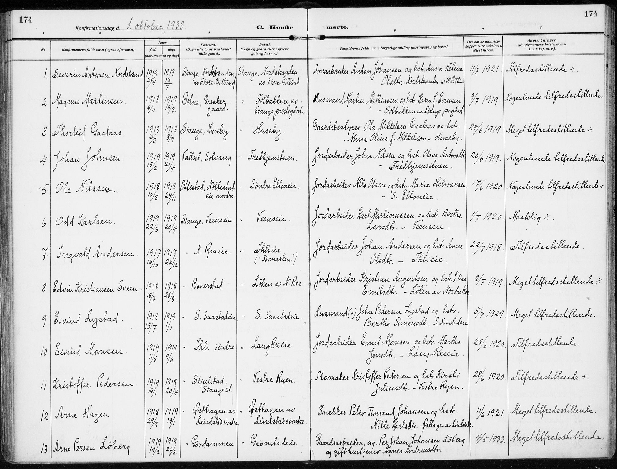 Stange prestekontor, AV/SAH-PREST-002/K/L0026: Parish register (official) no. 26, 1923-1937, p. 174