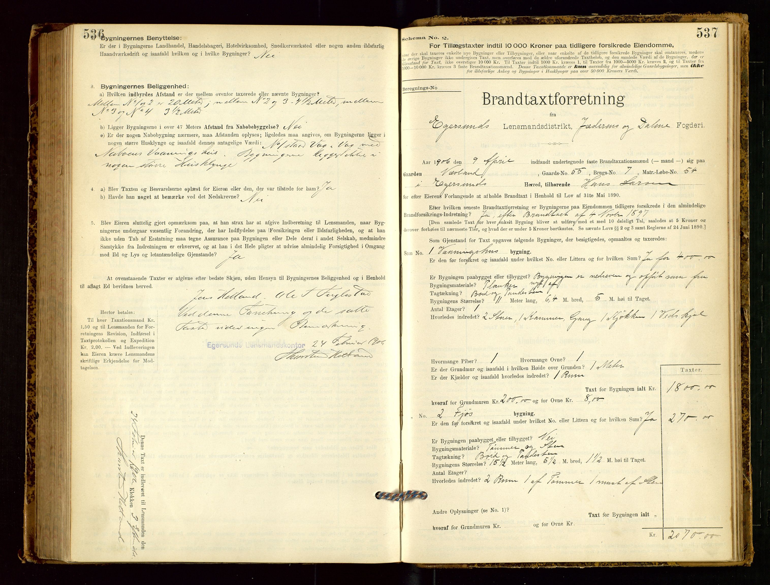 Eigersund lensmannskontor, SAST/A-100171/Gob/L0001: Skjemaprotokoll, 1894-1909, p. 536-537