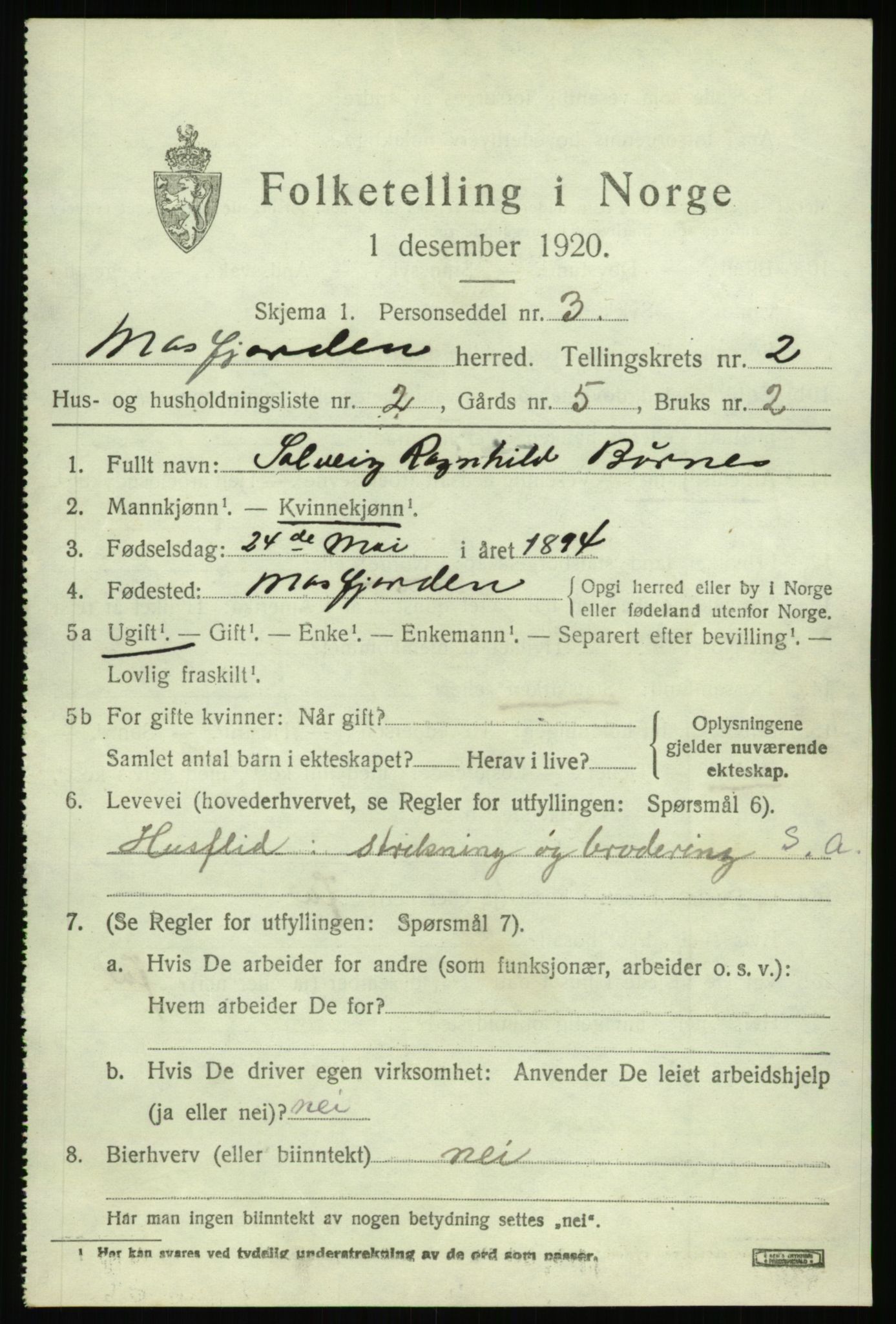 SAB, 1920 census for Masfjorden, 1920, p. 1021