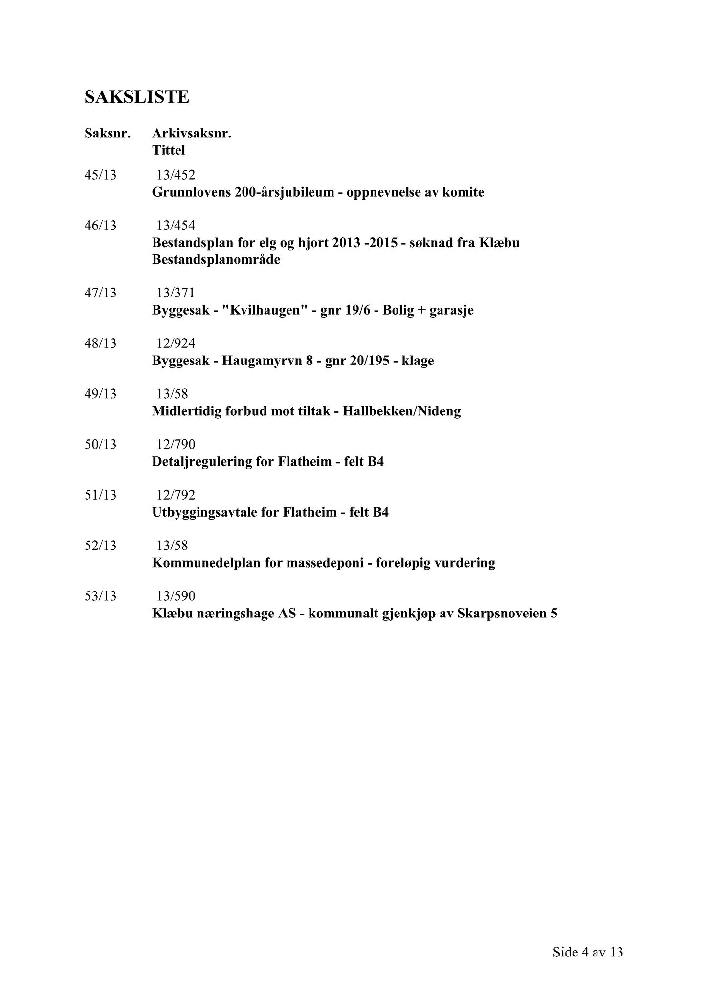 Klæbu Kommune, TRKO/KK/02-FS/L006: Formannsskapet - Møtedokumenter, 2013, p. 1249