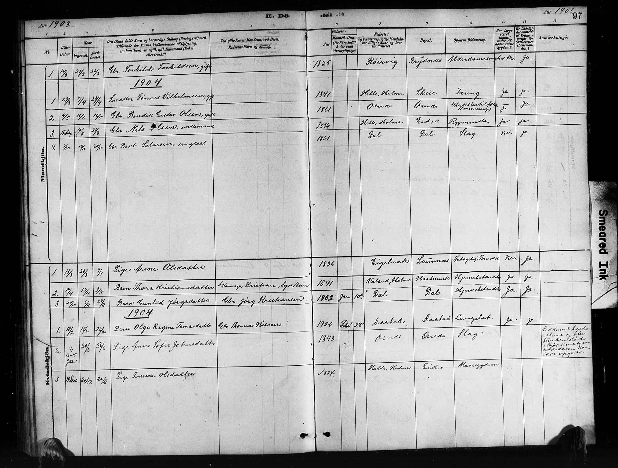 Mandal sokneprestkontor, SAK/1111-0030/F/Fb/Fbb/L0004: Parish register (copy) no. B 4, 1878-1913, p. 97